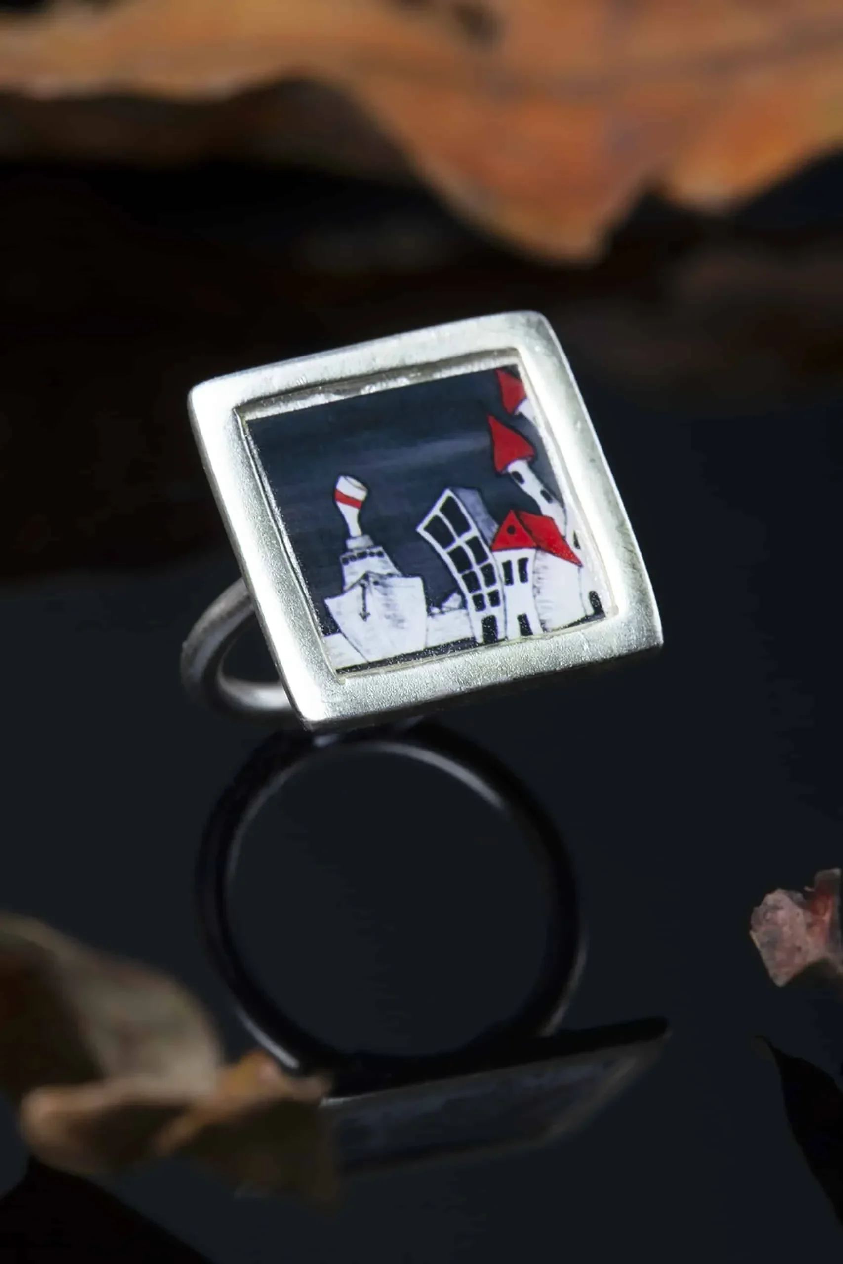 Handmade Jewellery | Square silver ring with inlaid theme gallery 1