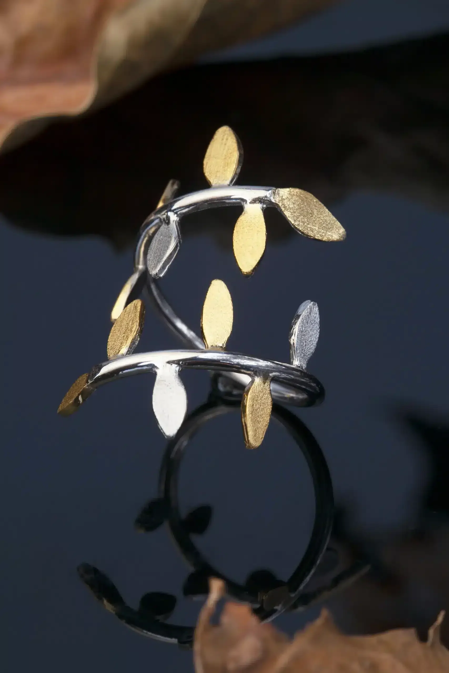 Handmade Jewellery | Brunch and leaves gold and rhodium plated silver ring gallery 1