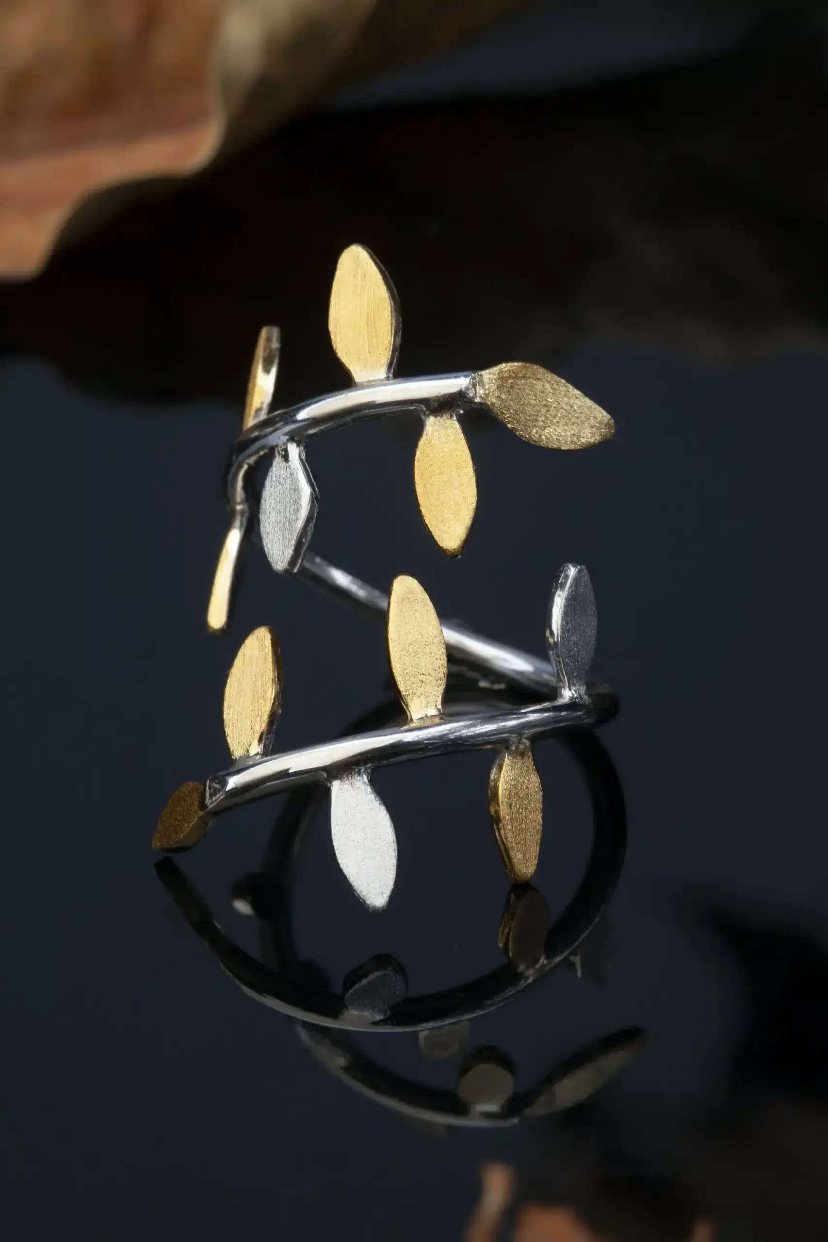 Handmade Jewellery | Brunch and leaves gold and rhodium plated silver ring gallery 2