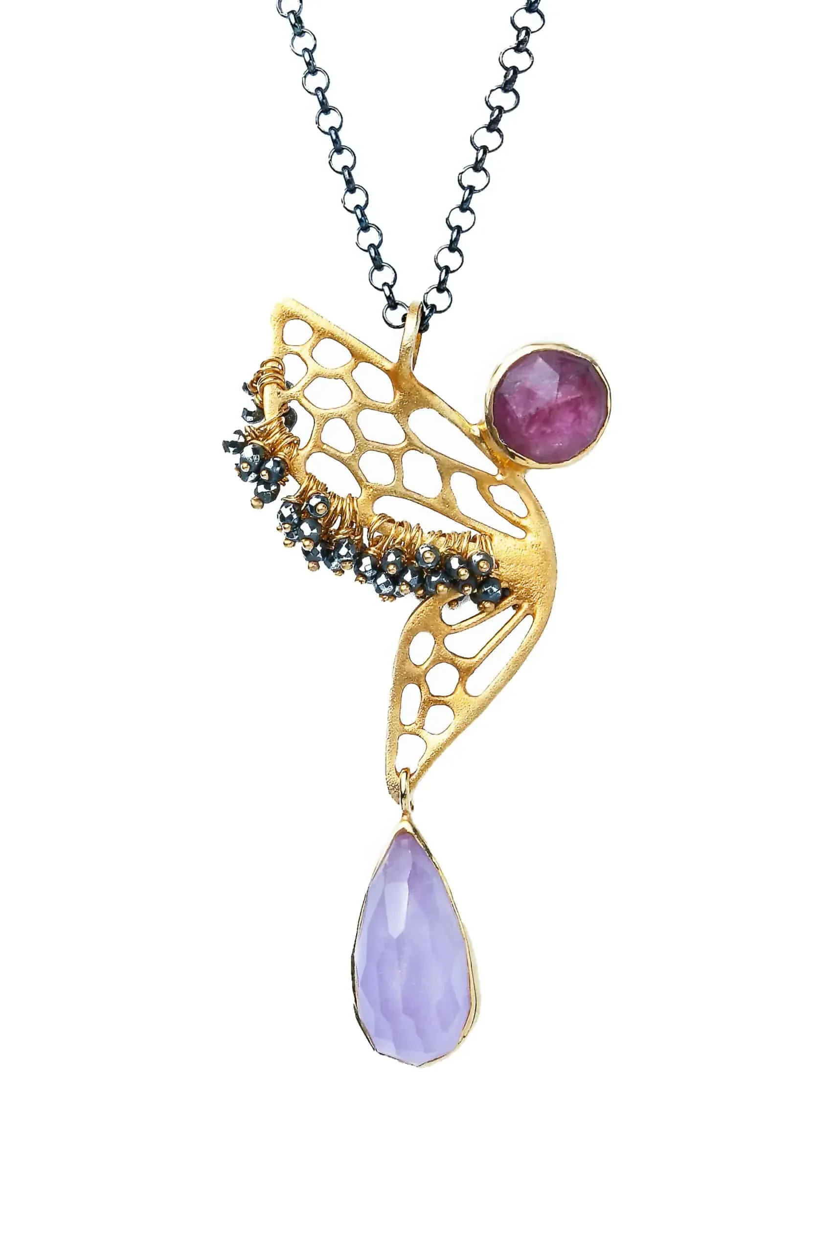 Handmade Jewellery | Butterfly gold plated silver necklace with ruby and amethyst gallery 1