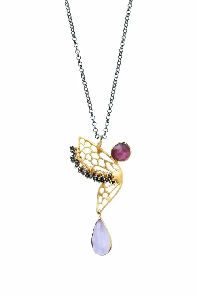 Butterfly gold plated silver necklace with ruby and amethyst