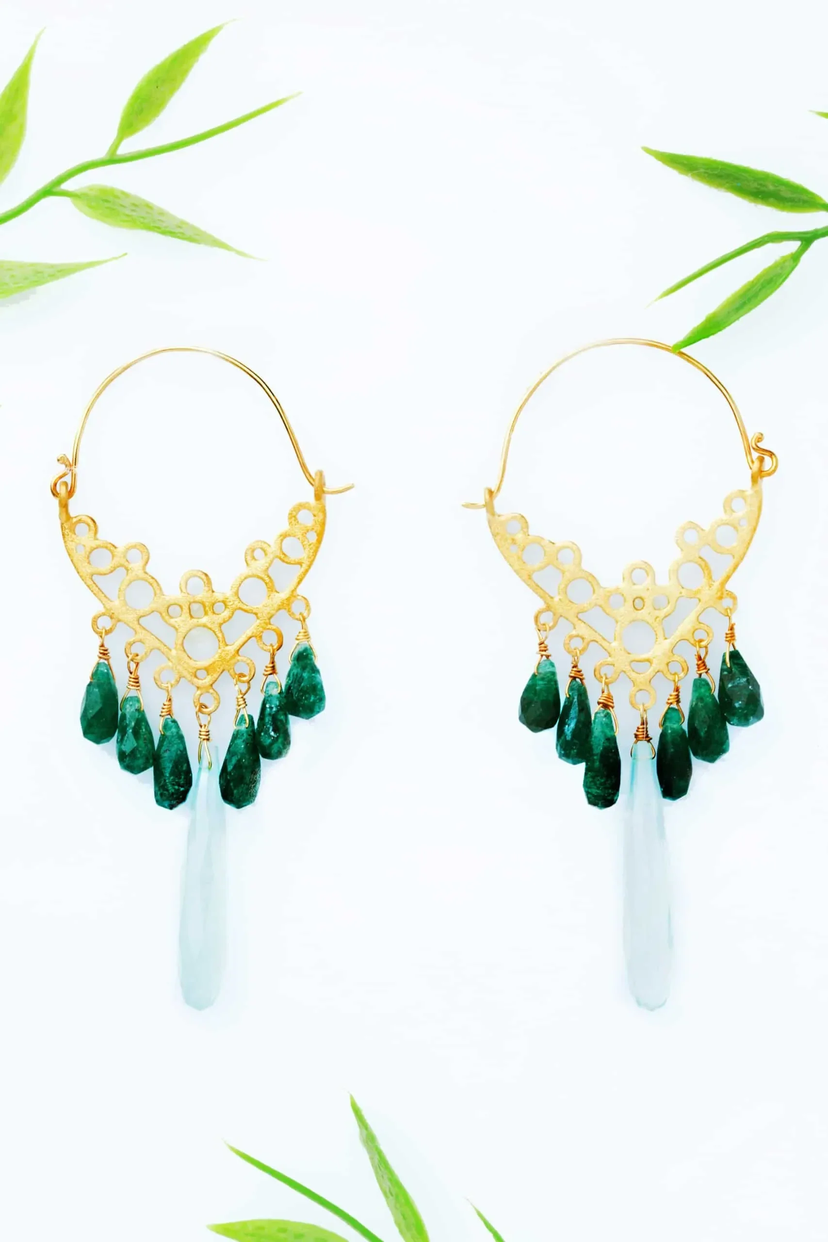 Handmade Jewellery | Green agate gold plated silver earrings gallery 1