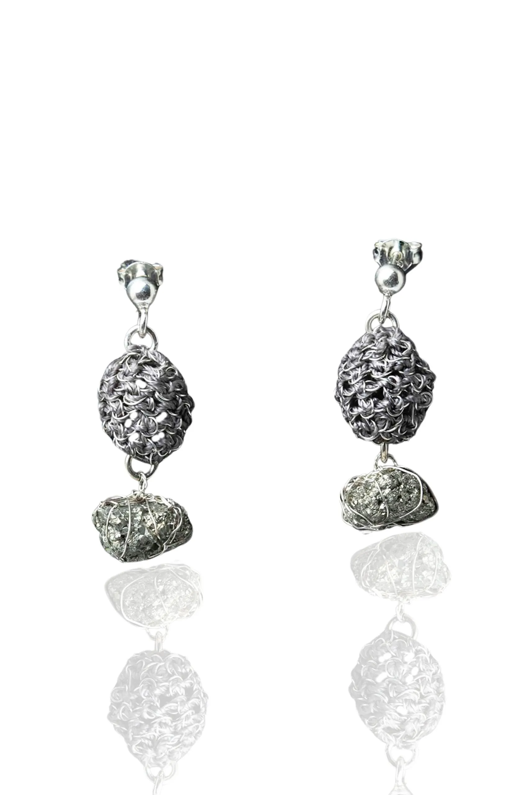 Crochet knit silver earrings with pyrite