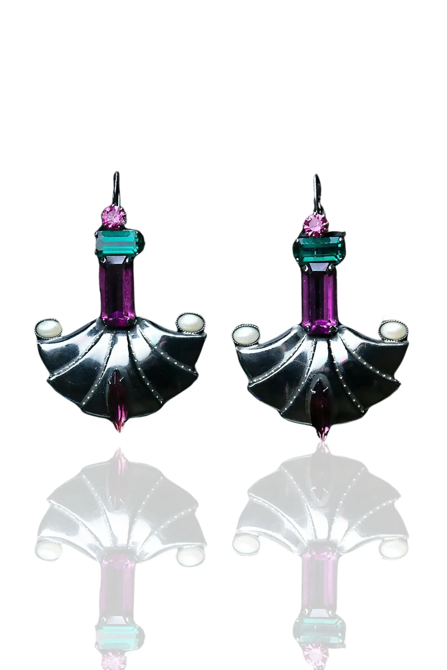 Handmade Jewellery | Fan engraved black bronze earrings with pearls and Swarovski crystals main