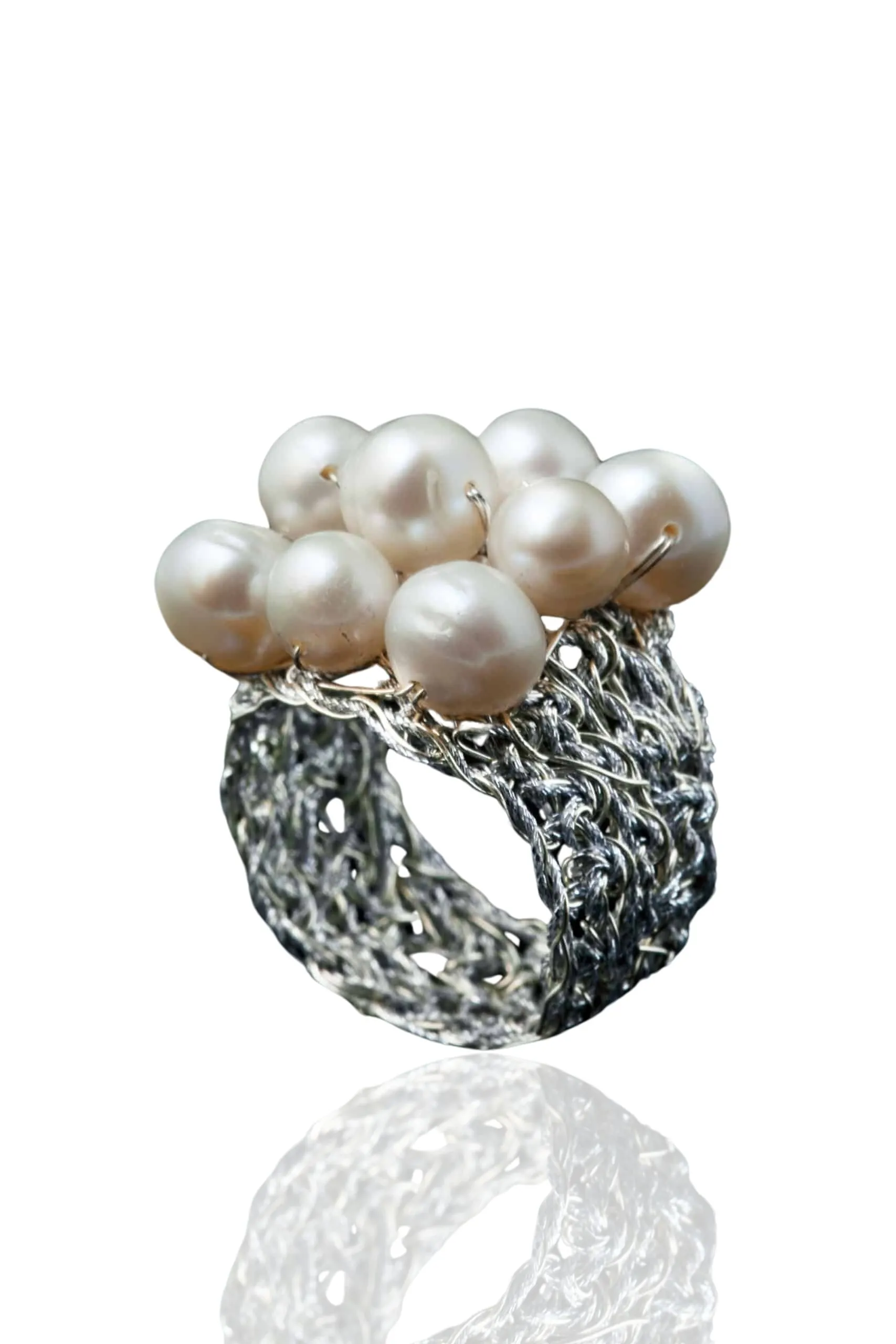 Handmade Jewellery | Crochet knit silver ring with pearls main