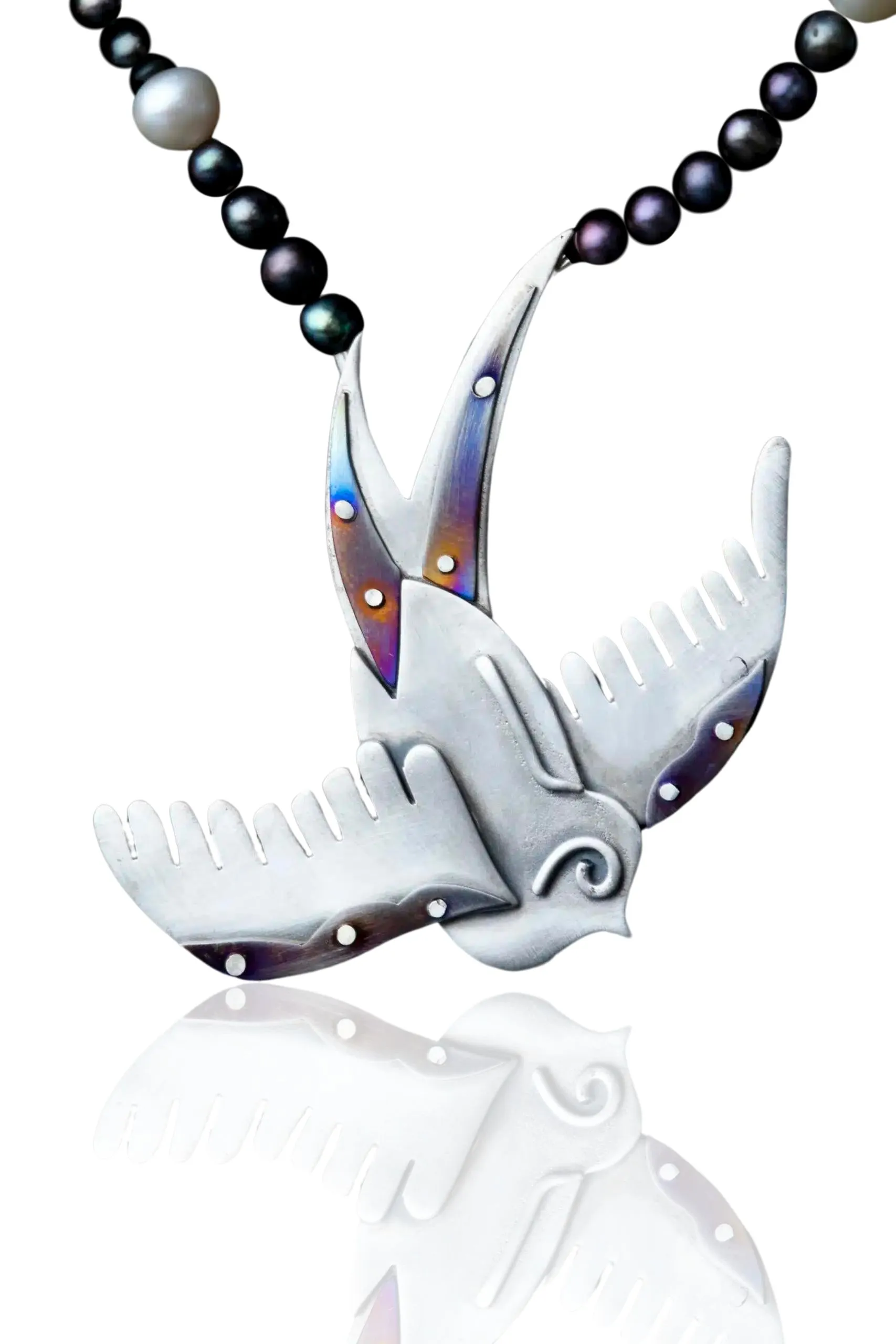 Handmade Jewellery | Swallow silver and titanium necklace with pearls main