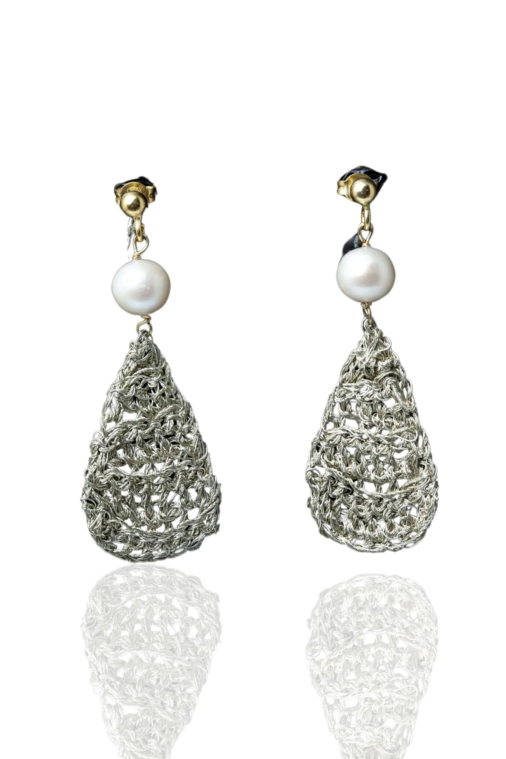 Handmade Jewellery | Teardrop crochet knit silver earrings with pearls main
