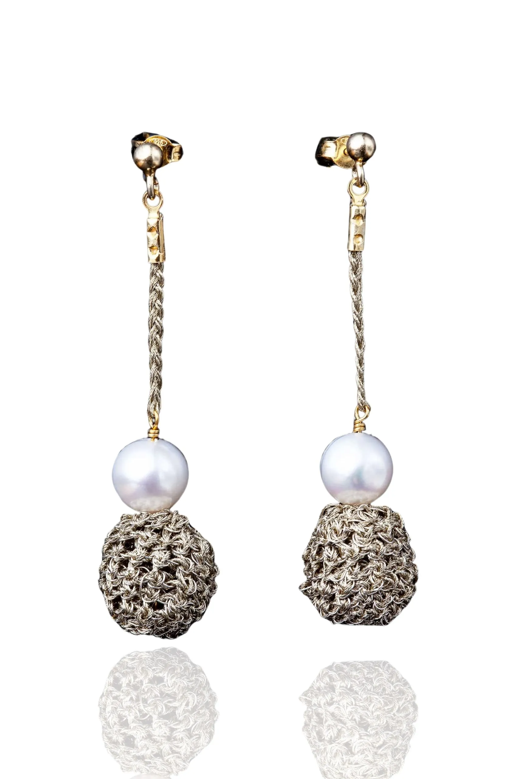 Handmade Jewellery | Crochet knit silver earrings with and pearls main