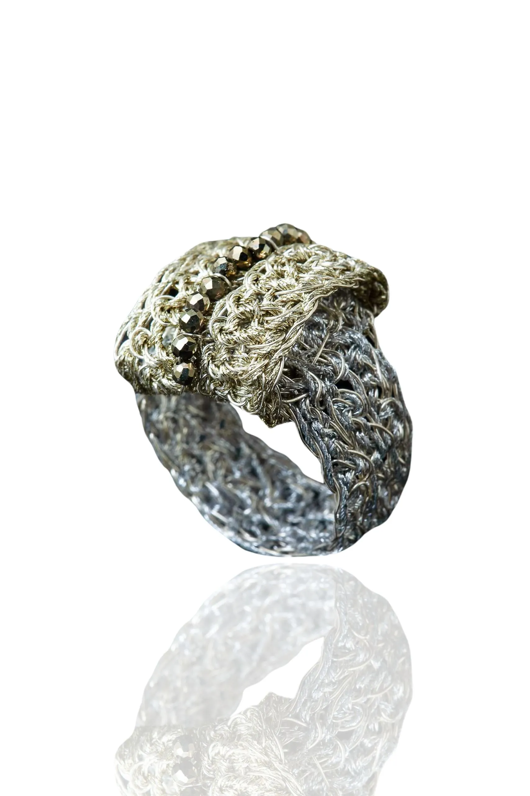 Handmade Jewellery | Crochet knit silver ring with pyrite main