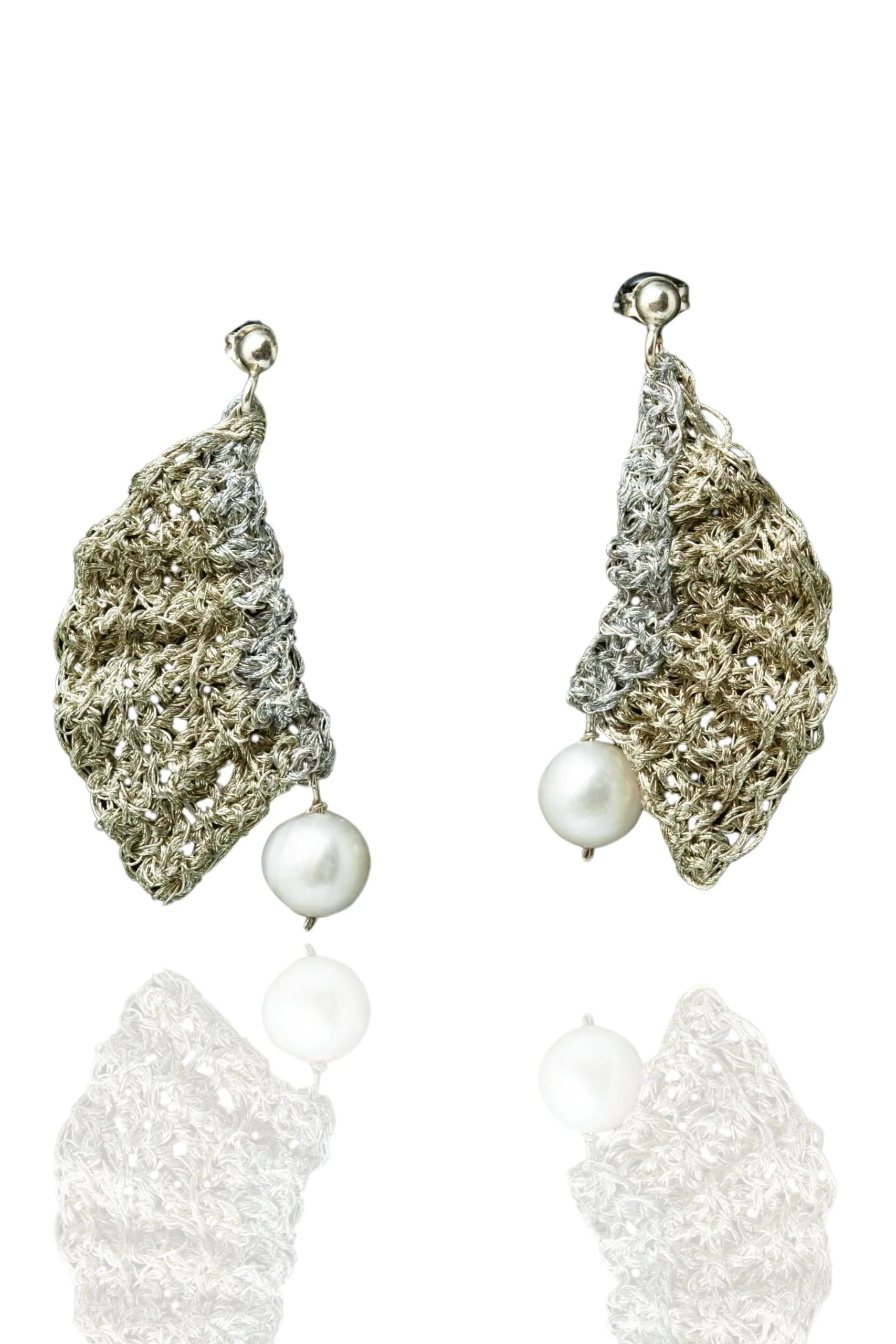 Handmade Jewellery | Fans crochet knit silver earrings with pearls main