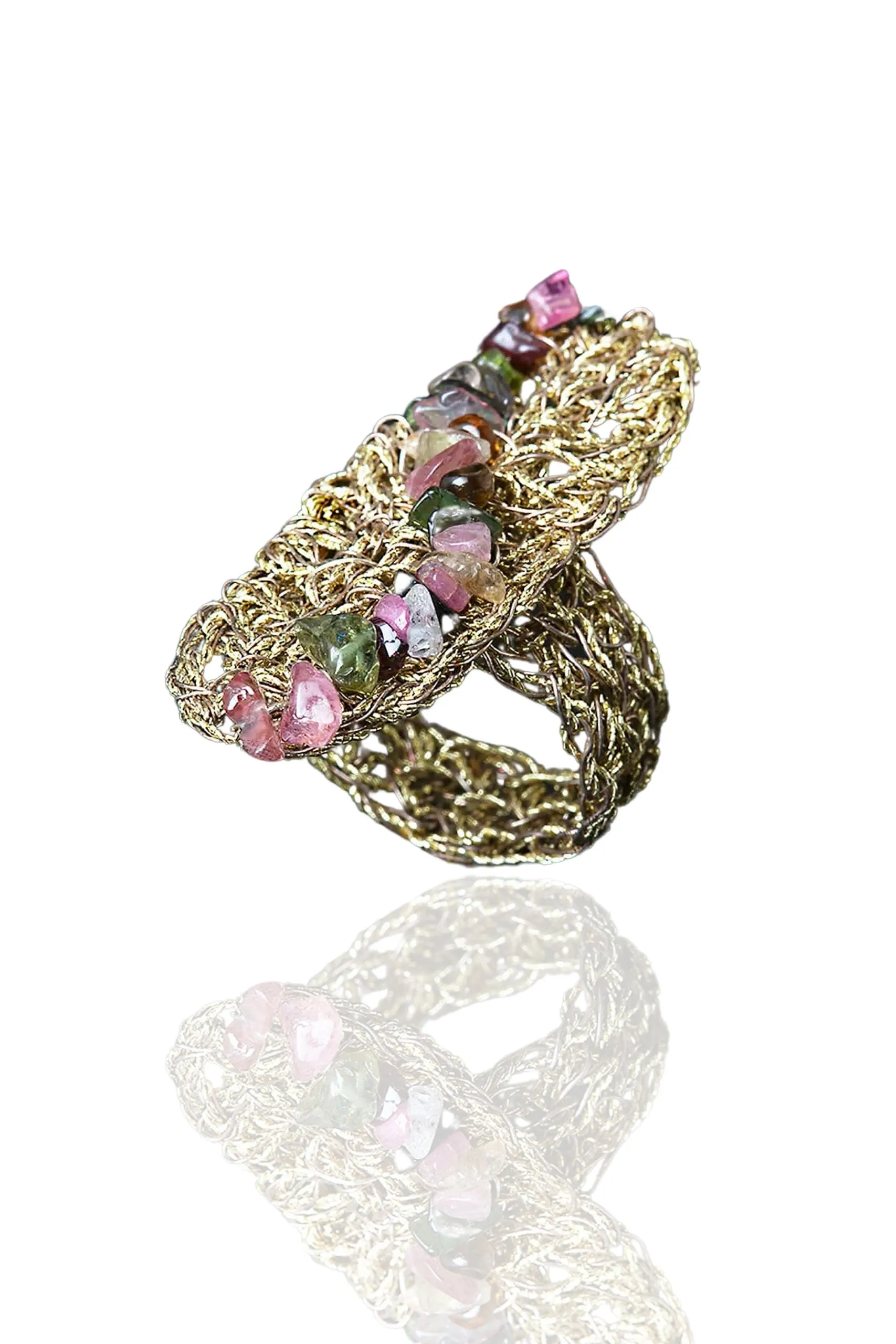 Crochet knit silver ring with tourmaline