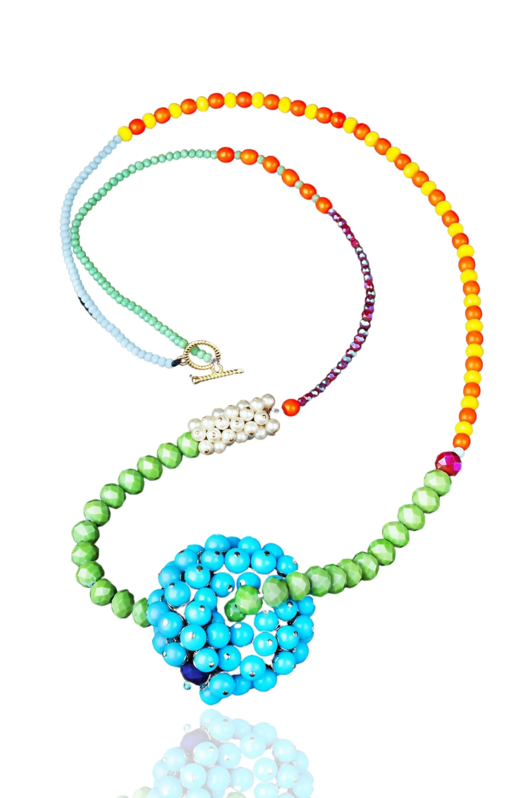 Colourful handmade long necklace with crystals and pearls