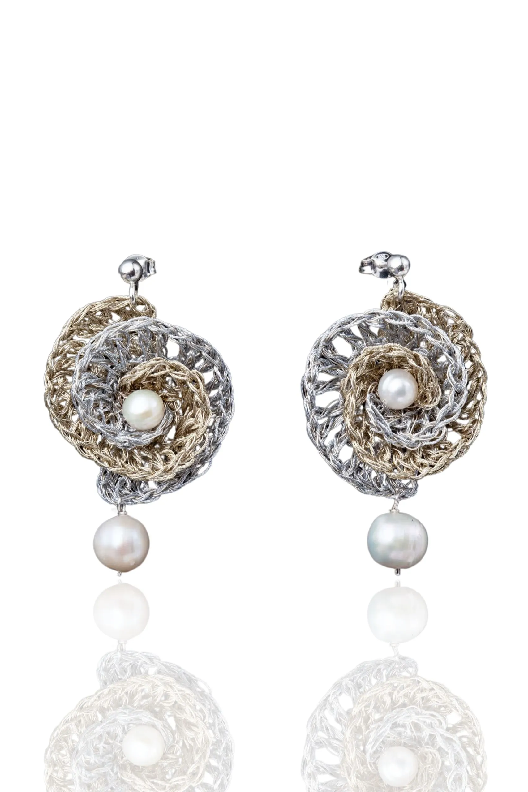 Handmade Jewellery | Rose crochet knit silver earrings with and pearls main