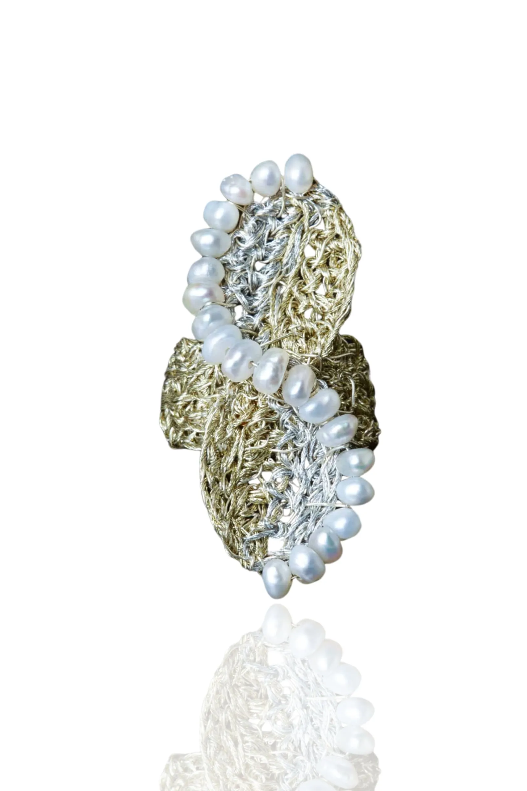 Handmade Jewellery | Crochet knit silver ring with pearls main