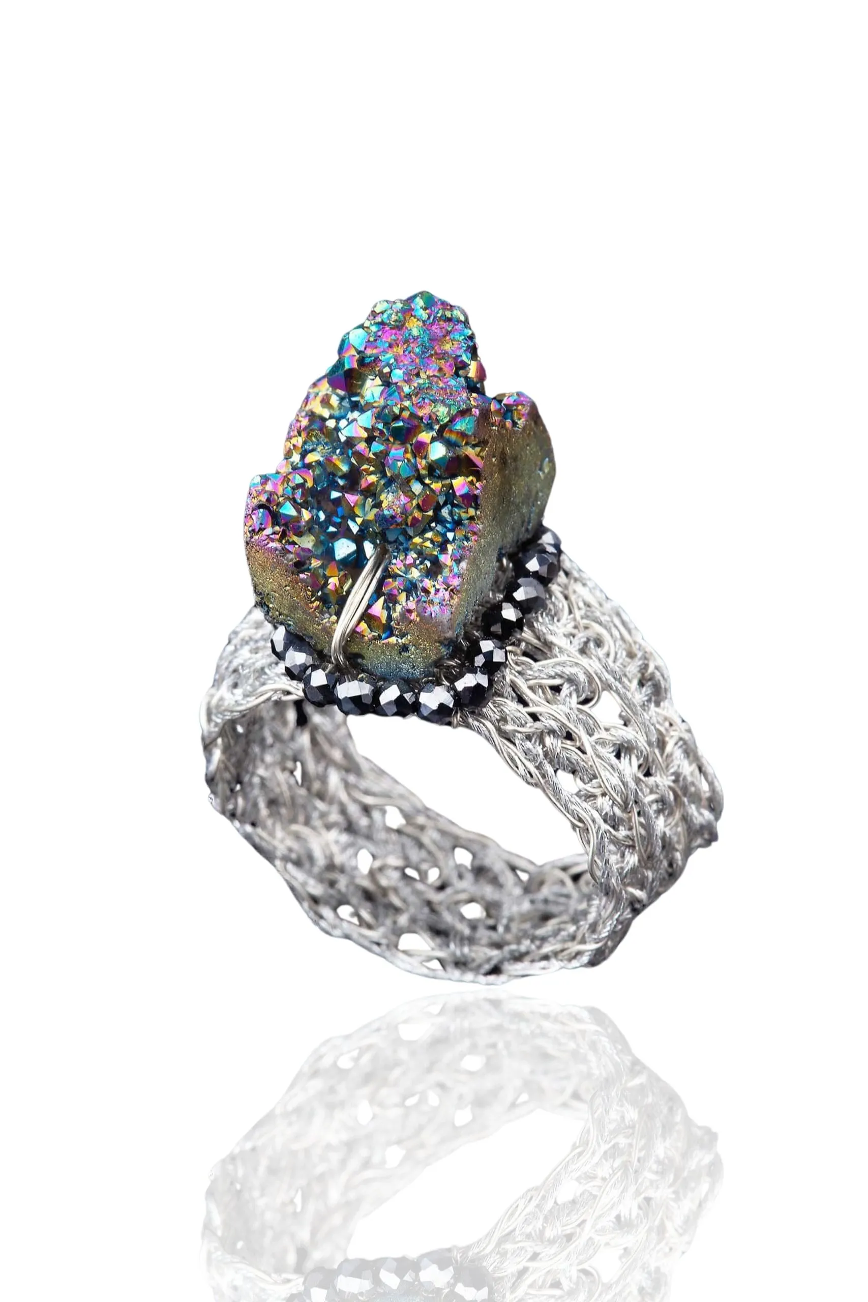 Handmade Jewellery | Crochet knit silver ring with pyrite main