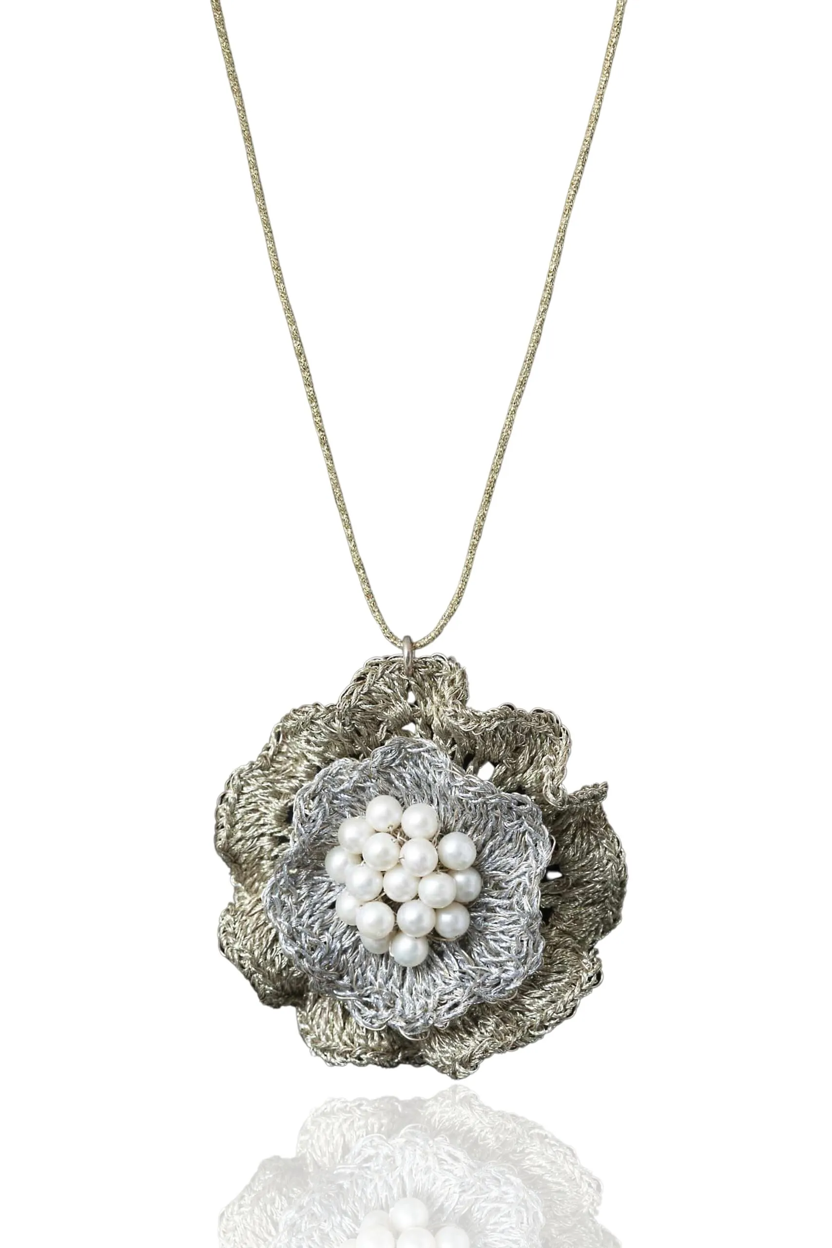 Handmade Jewellery | Flower crochet knit silver pendant with golden thread and pearls main