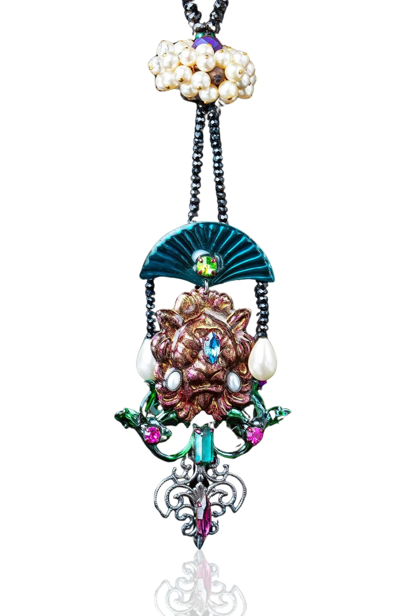 Leon bronze long necklace with enamel and Swarovski crystals