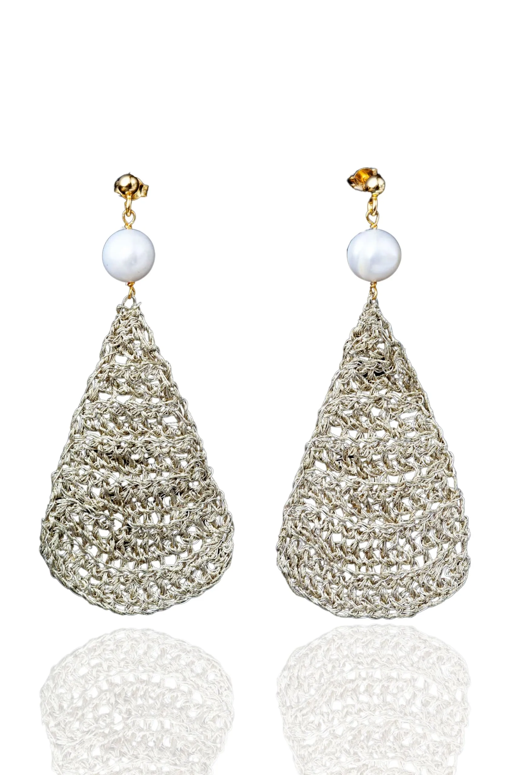 Handmade Jewellery | Teardrop crochet knit silver earrings with and pearls main