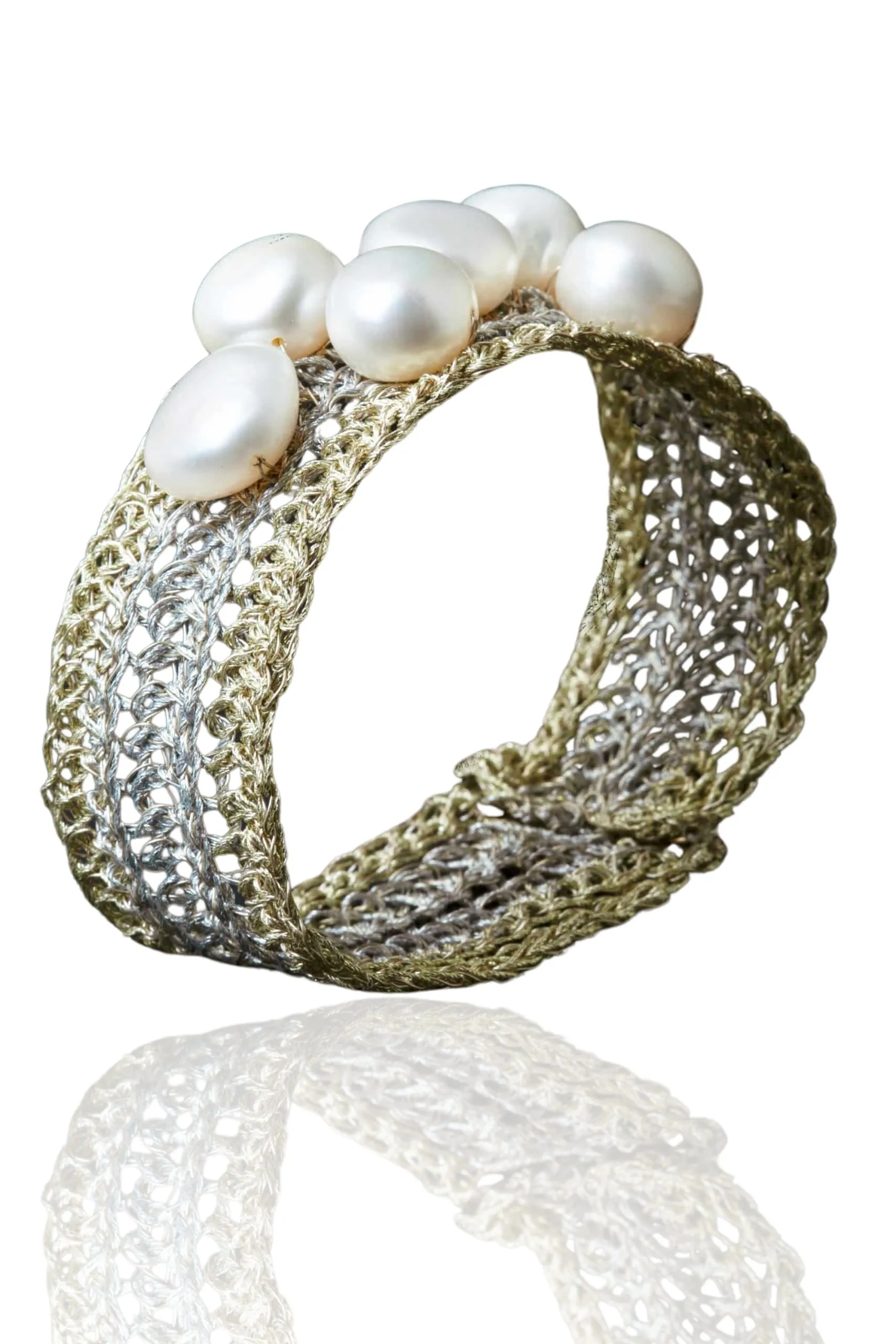 Crochet knit silver bracelet with pearls