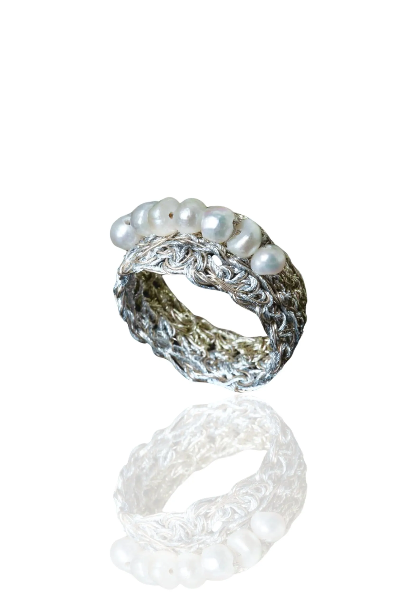 Handmade Jewellery | Crochet knit silver ring with pearls main