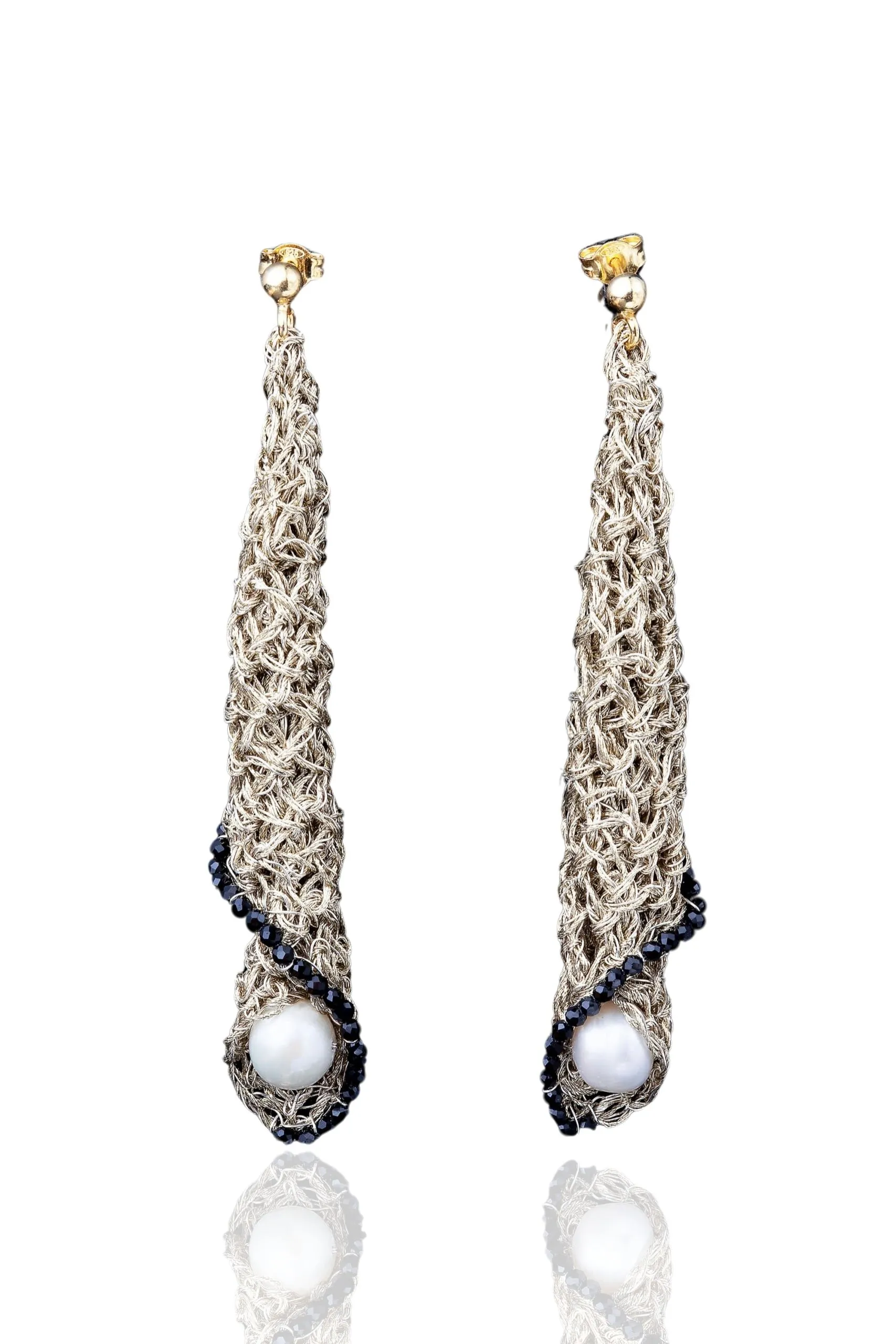 Handmade Jewellery | Crochet knit silver earrings with and pearls main