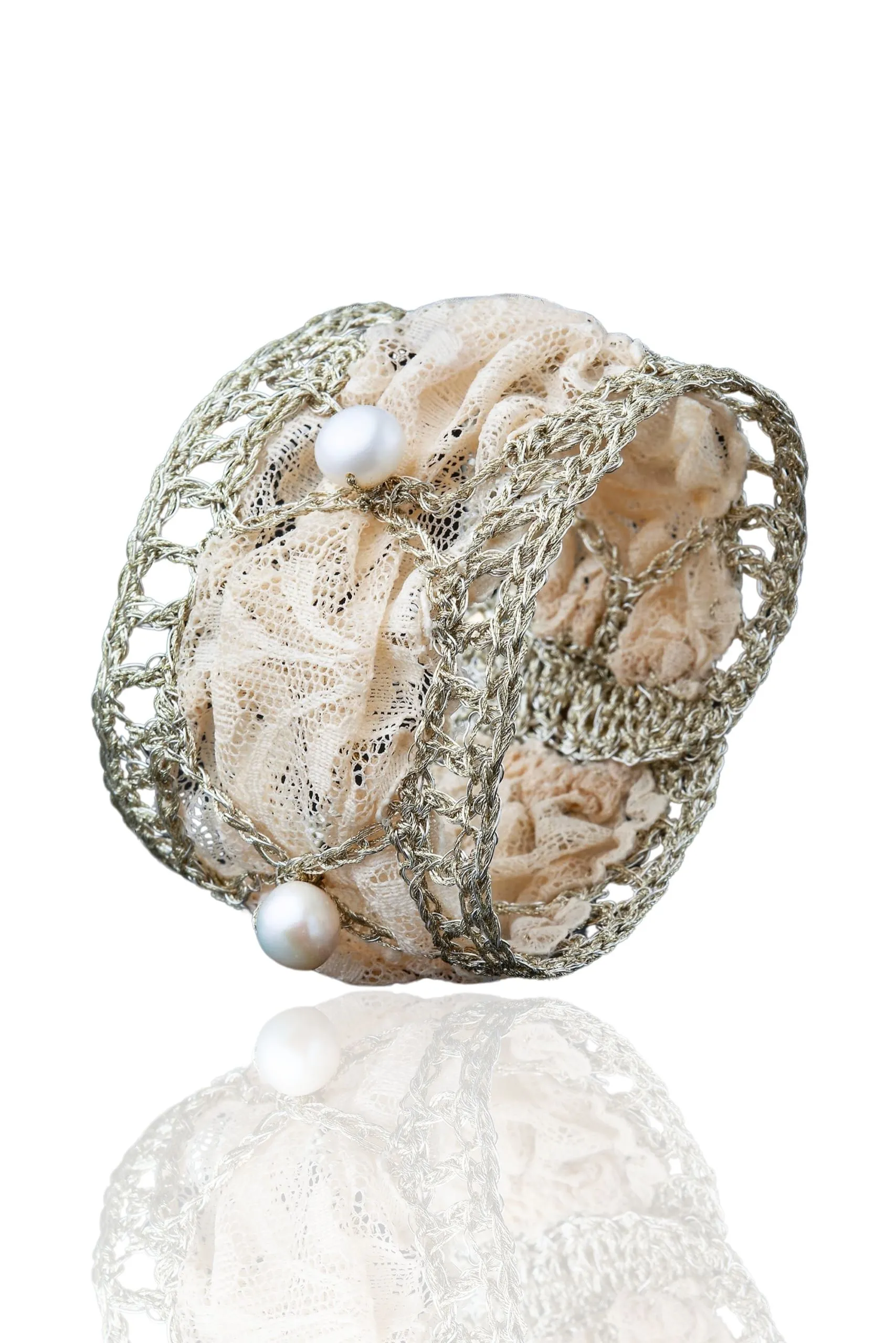 Handmade Jewellery | Crochet knit silver bracelet with pearls and lace main