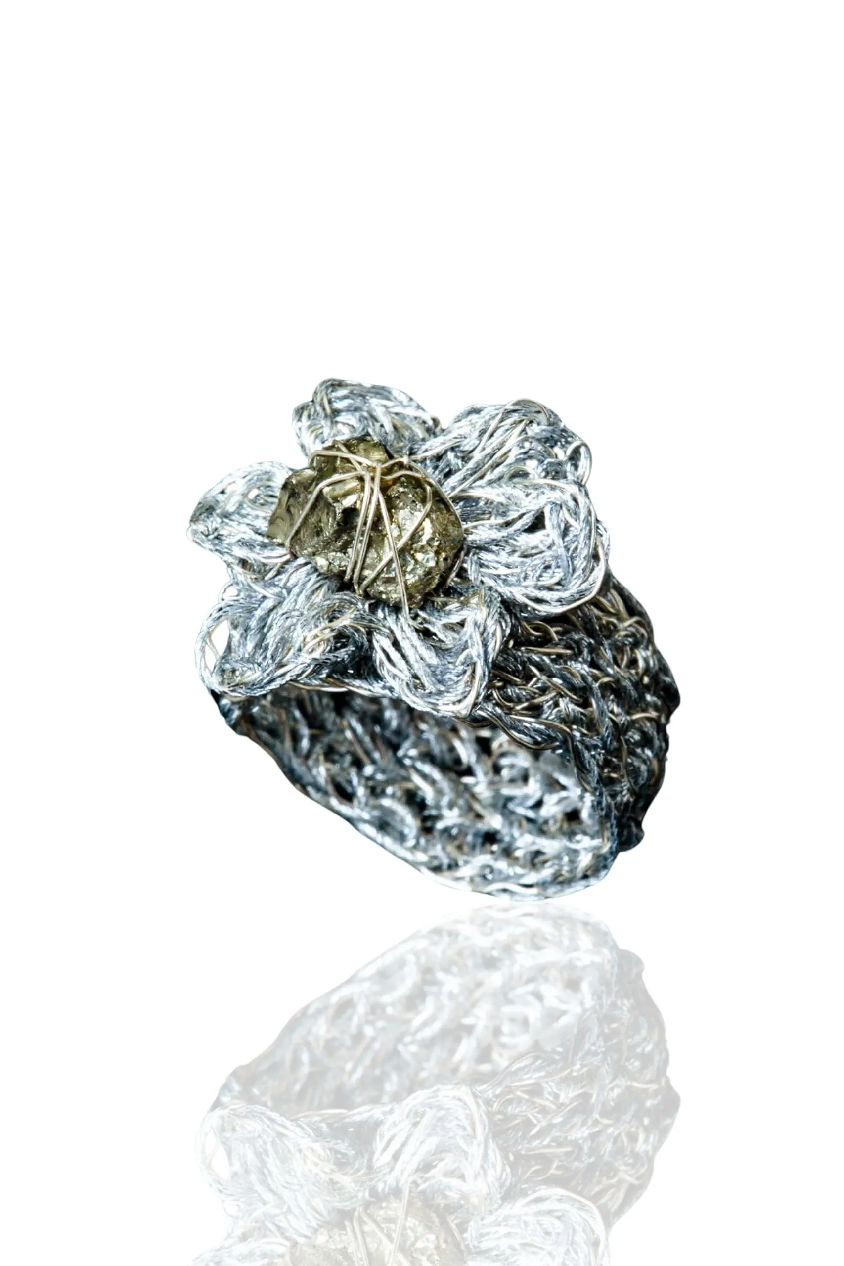 Flower crochet knit silver ring with pyrite