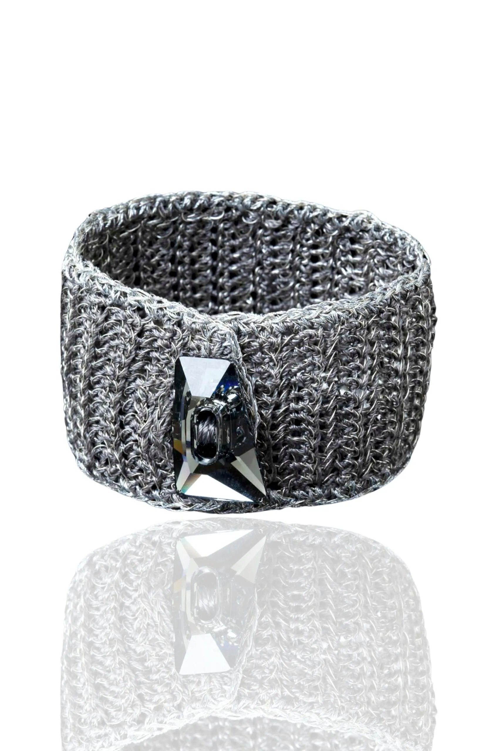 Crochet knit silver bracelet with Swarovski crystal