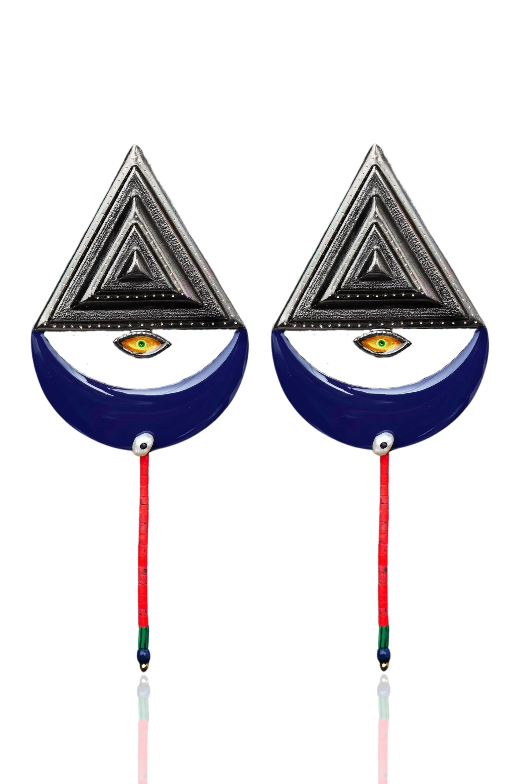 Triangle black plated bronze earrings with enamel