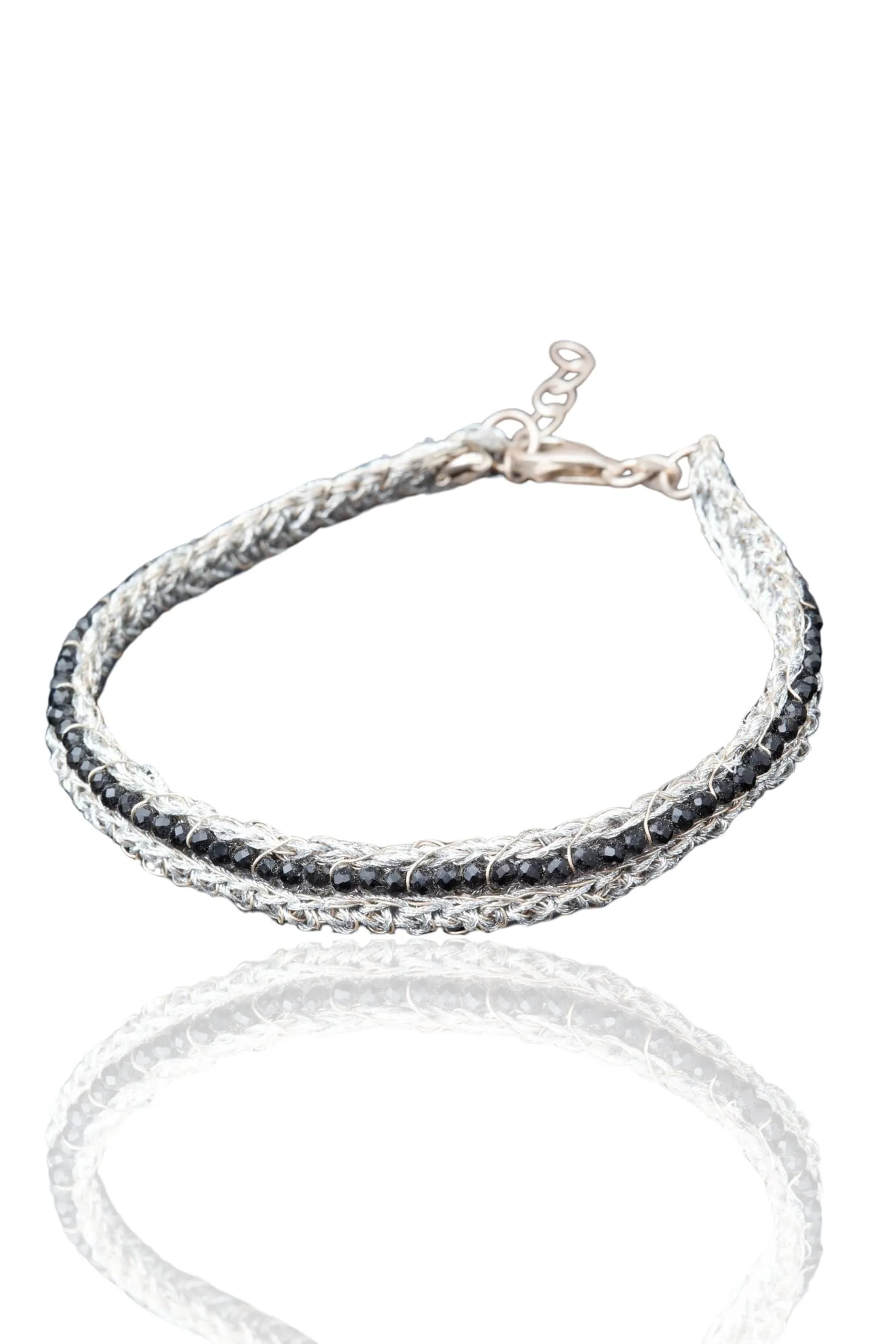 Crochet knit silver bracelet with spinel