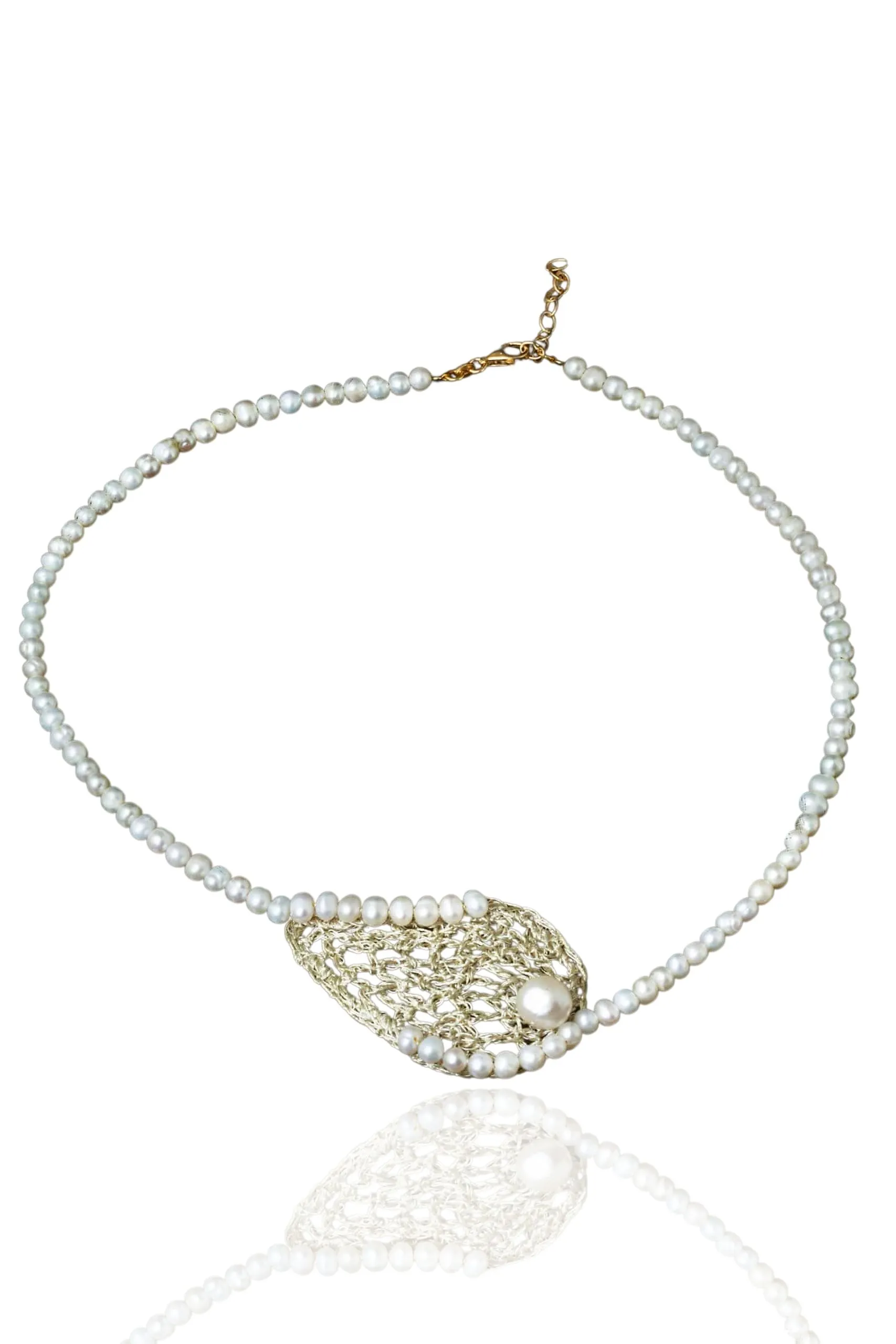 Handmade Jewellery | Crochet knit silver necklace with and pearls main