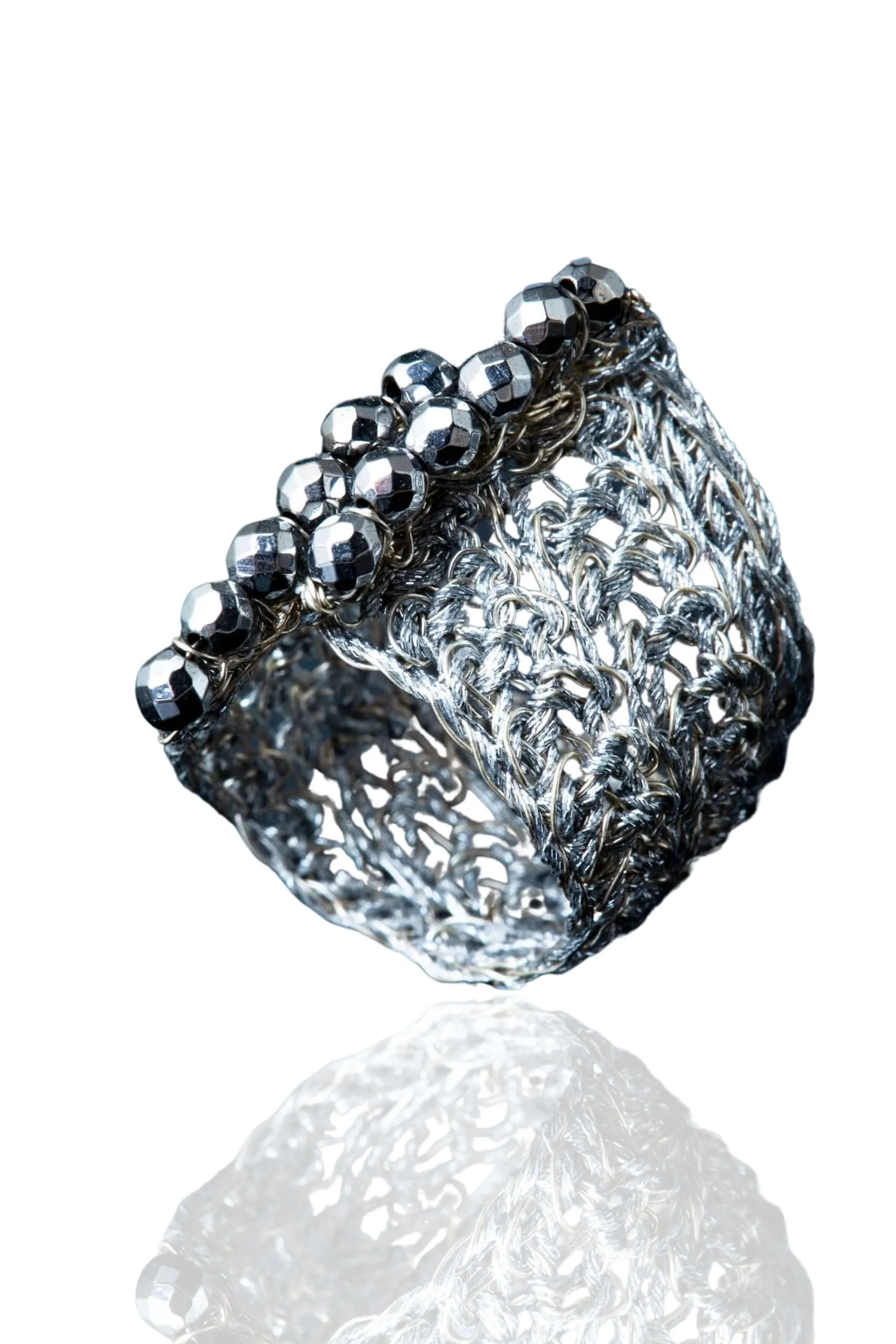 Crochet knit silver ring with hematite