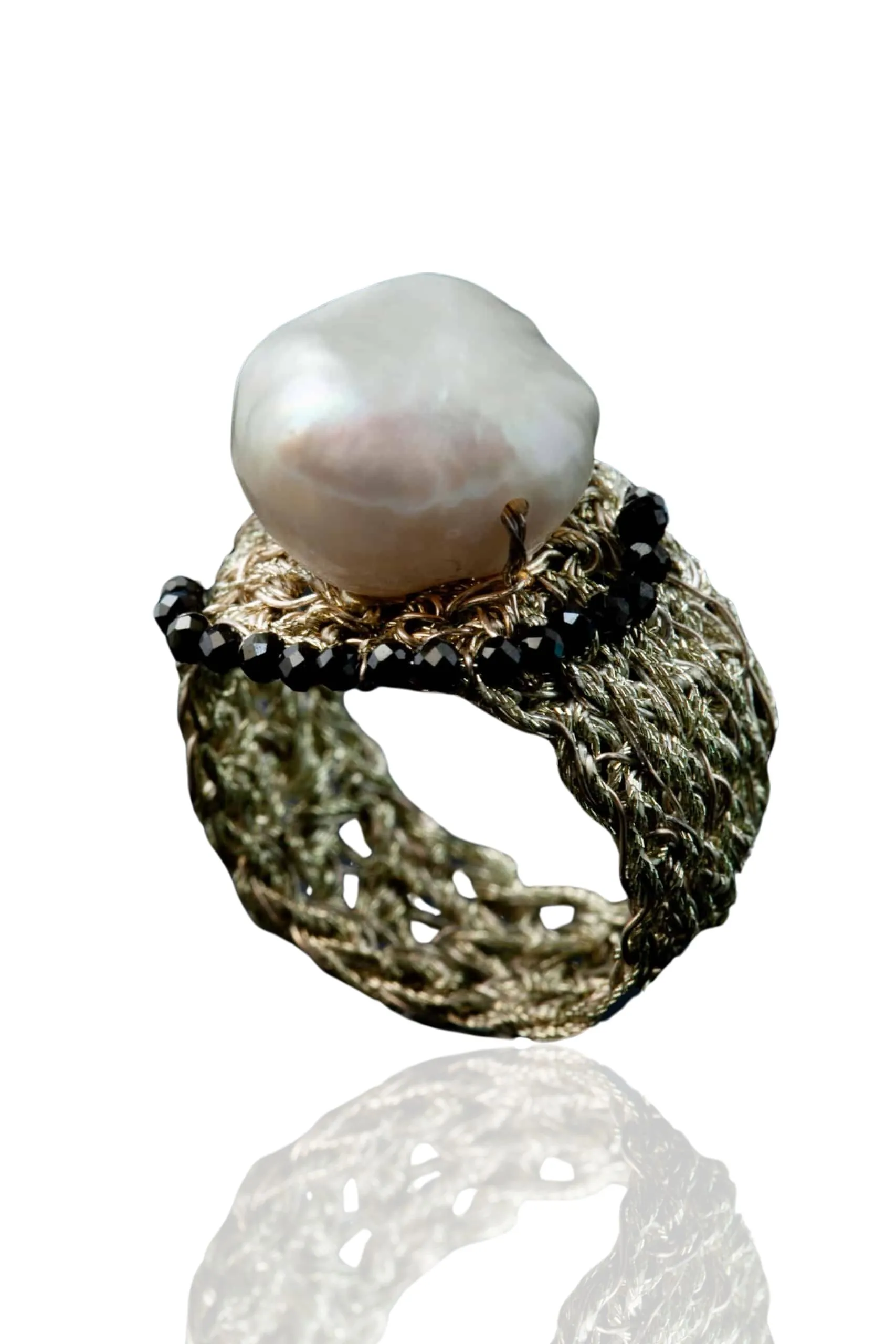 Handmade Jewellery | Crochet knit silver ring with spinel and pearls main