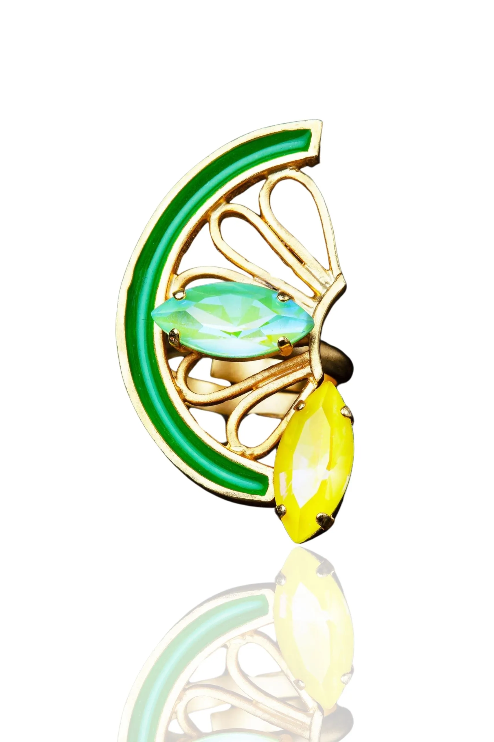 Lemon bronze ring with Swarovski crystals and green enamel