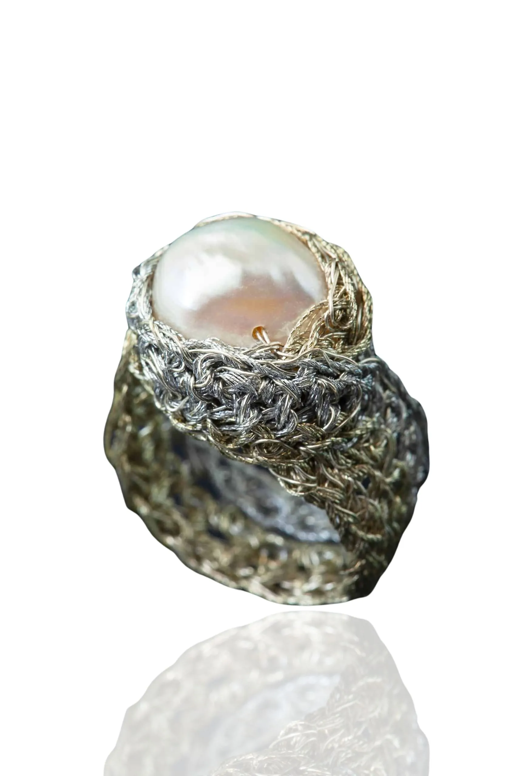 Handmade Jewellery | Crochet knit silver ring with pearl main