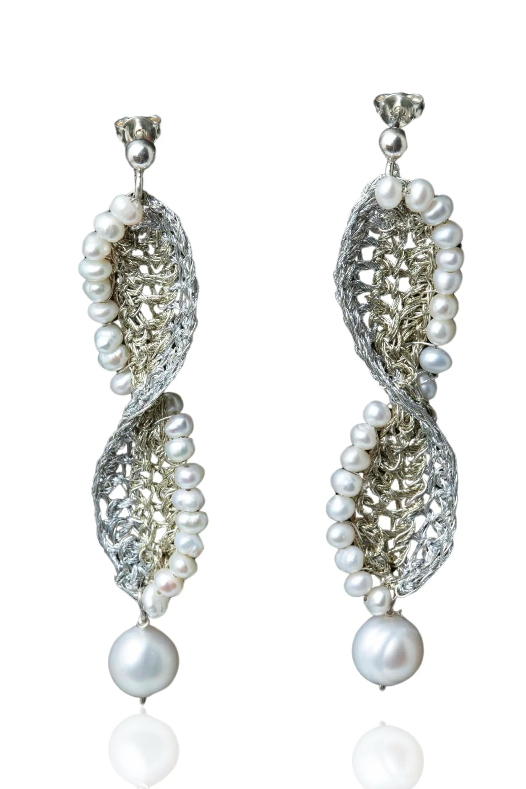 Handmade Jewellery | Crochet knit silver earrings with pearls main