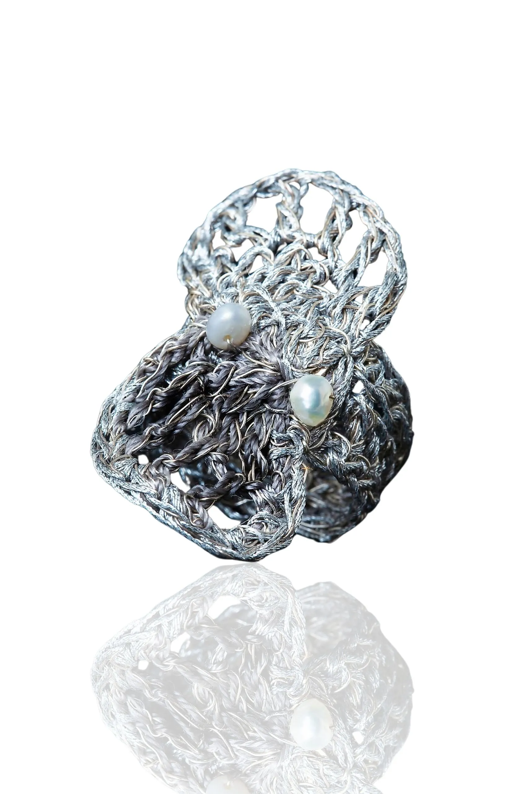 Handmade Jewellery | Crochet knit silver ring with pearls main