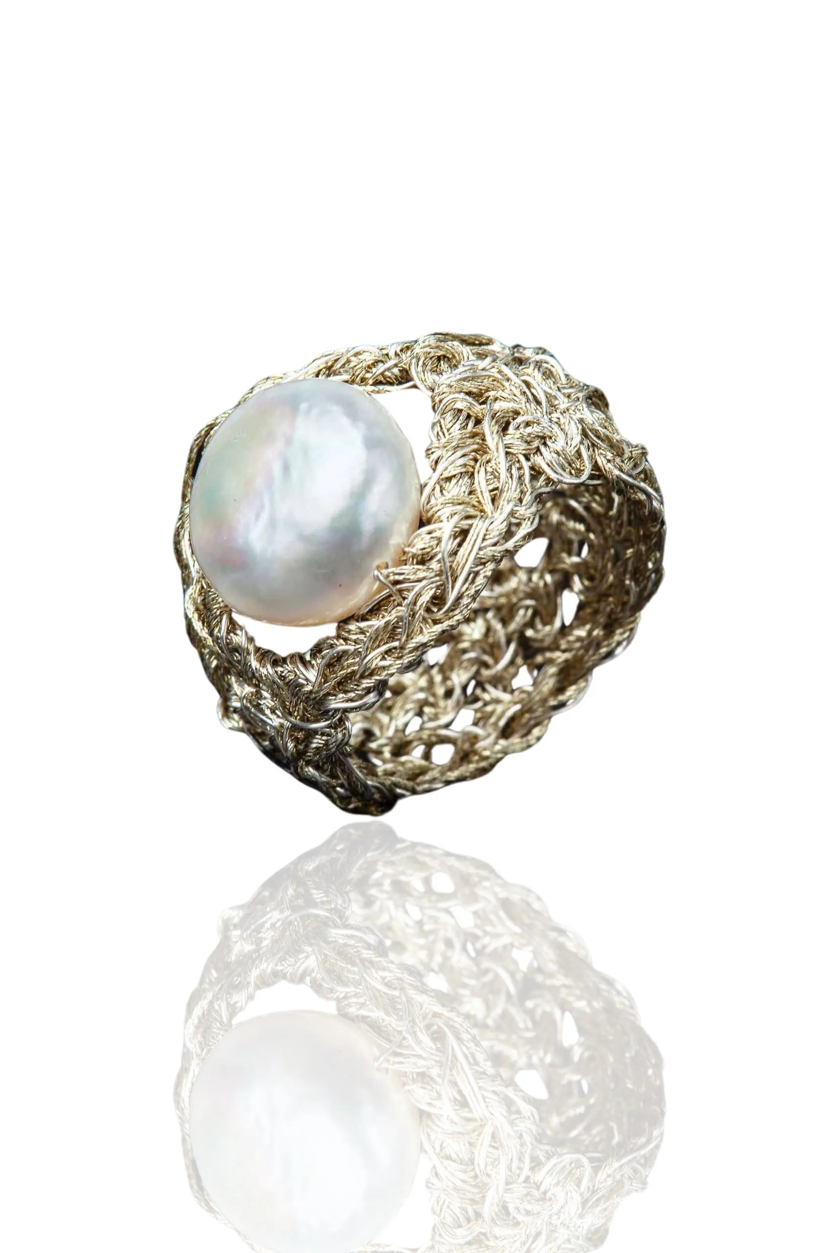 Handmade Jewellery | Gold crochet knit silver ring with pearls main