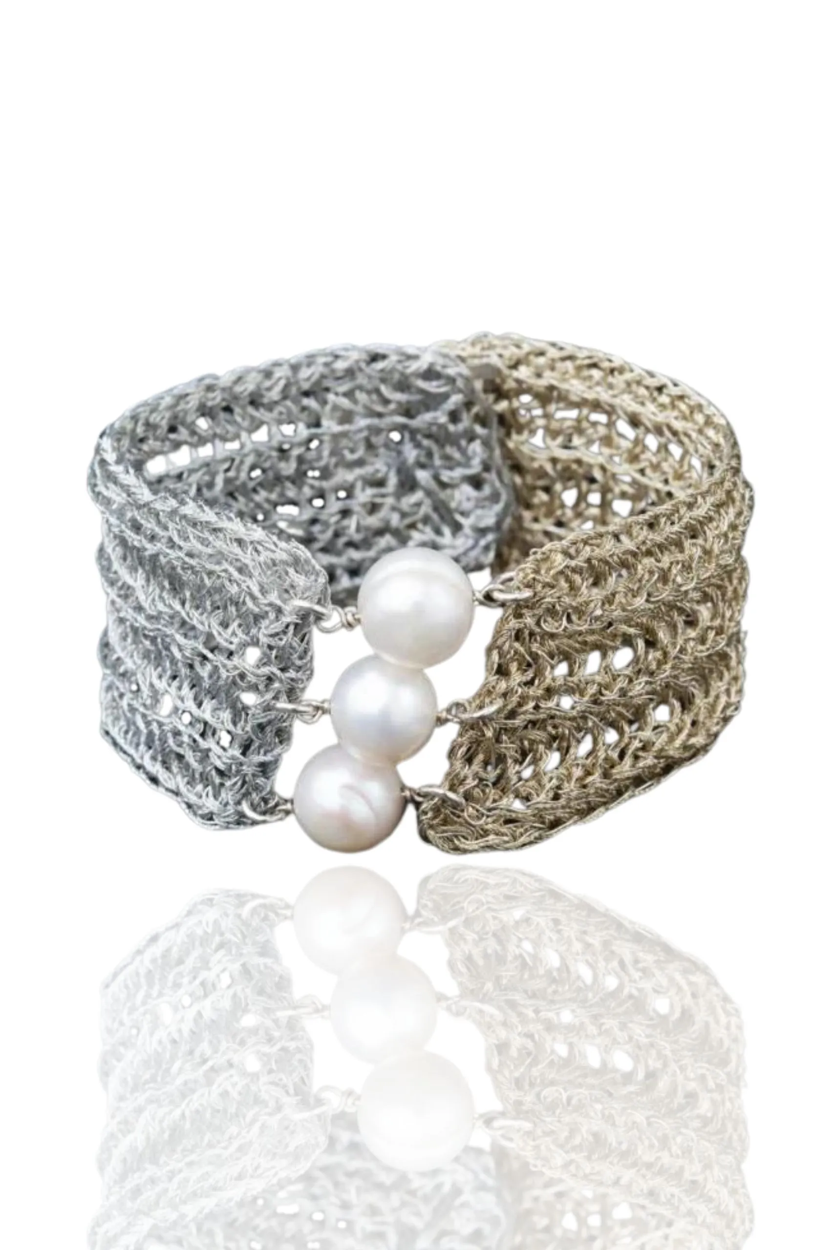 Χειροποίητα κοσμήματα | Πλεκτό ασημένιο βραχιόλι με χρυσόνημα και μαργαριτάρια main