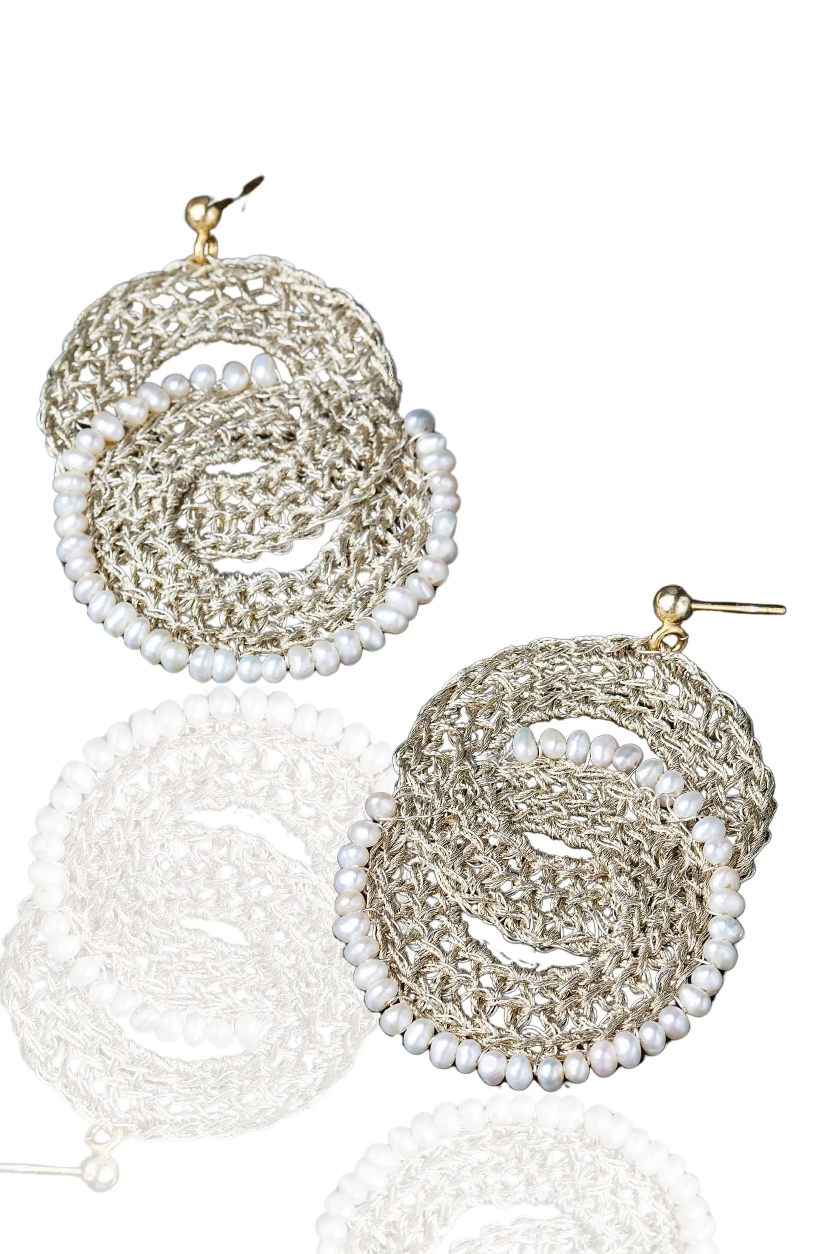 Handmade Jewellery | Crochet knit silver earrings with and pearls main