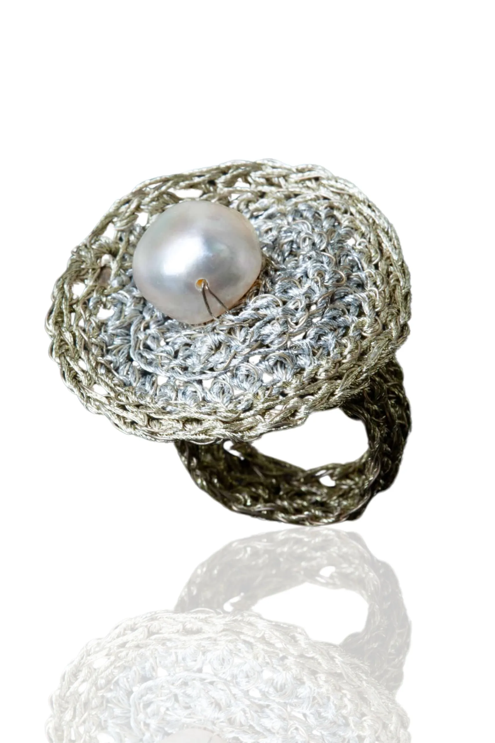 Handmade Jewellery | Crochet knit silver ring with pearls main