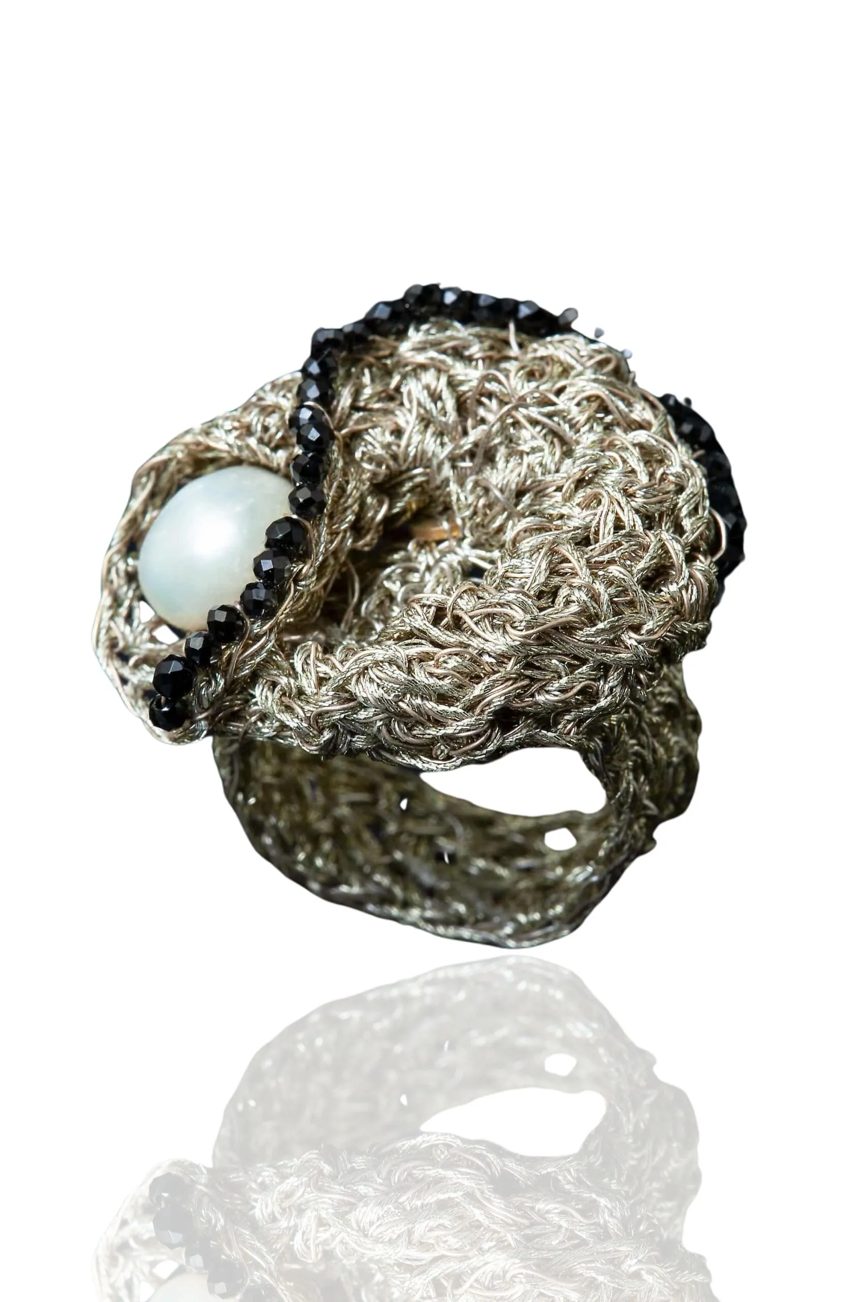 Handmade Jewellery | Crochet knit silver ring with spinel and pearls main