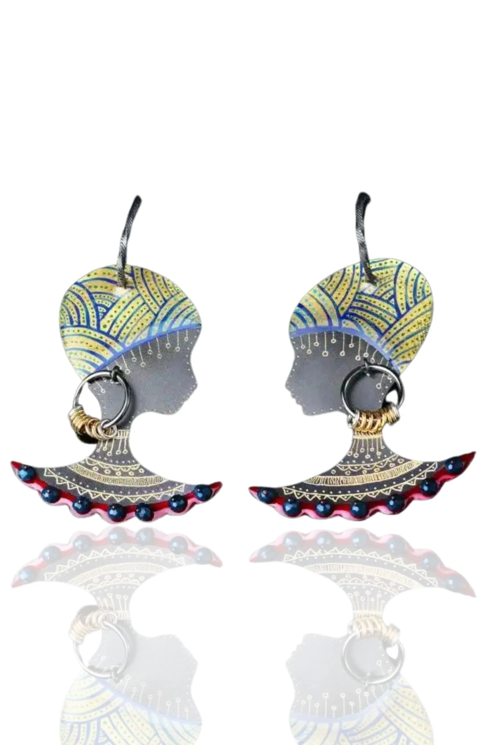 African woman engraved black bronze earrings with enamel