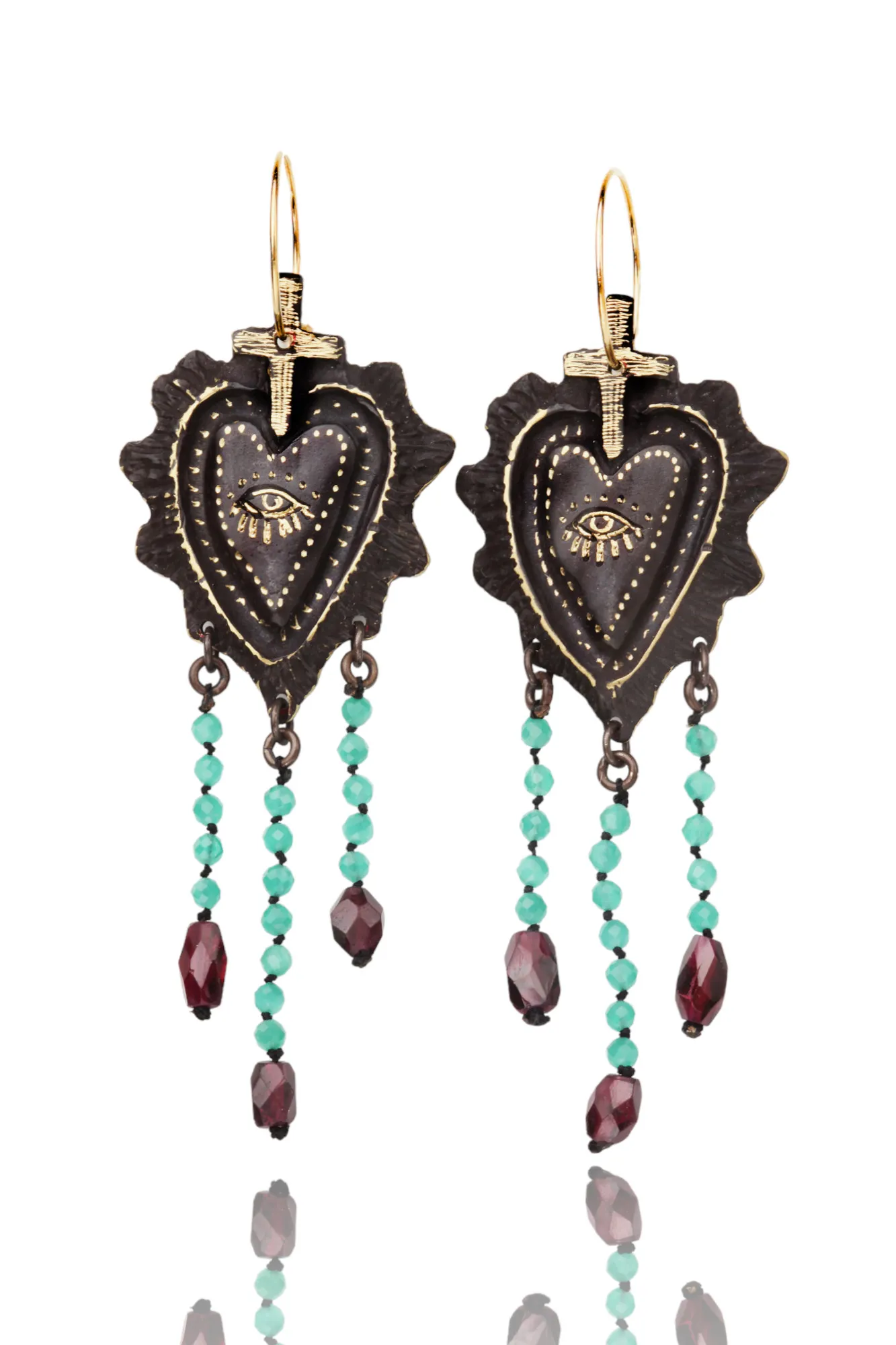 Handmade Jewellery | Heart engraved earrings with garnet and quartz main