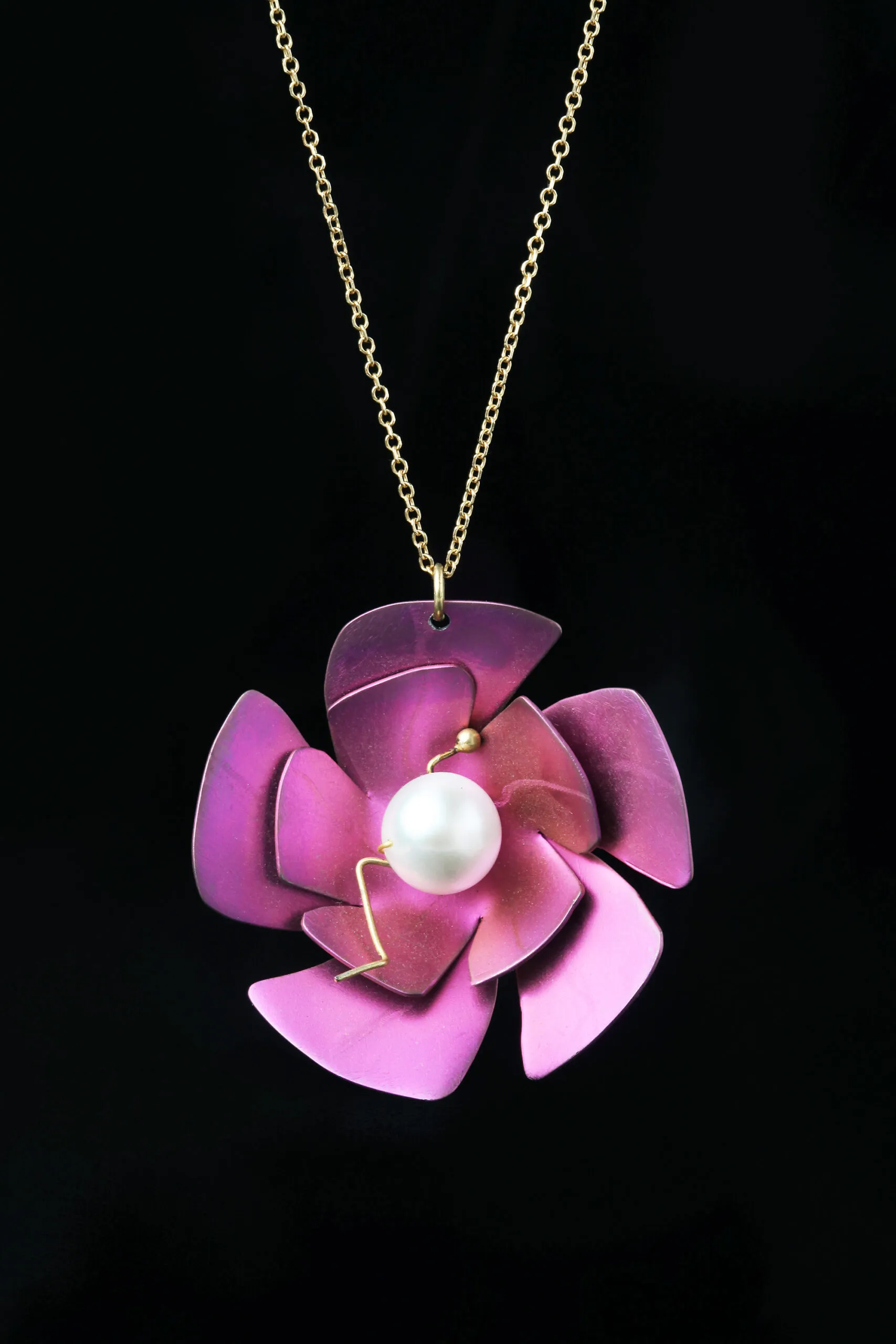 Handmade Jewellery | Flower titanium and silver pendant with pearl gallery 1