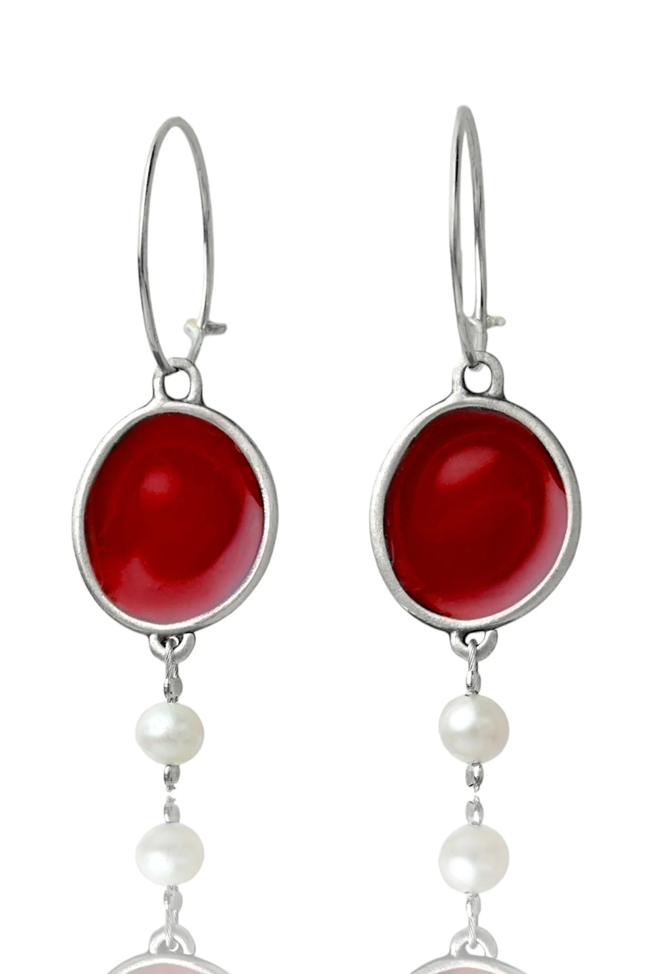 Handmade Jewellery | Silver hoops with red enamel element and pearls gallery 1