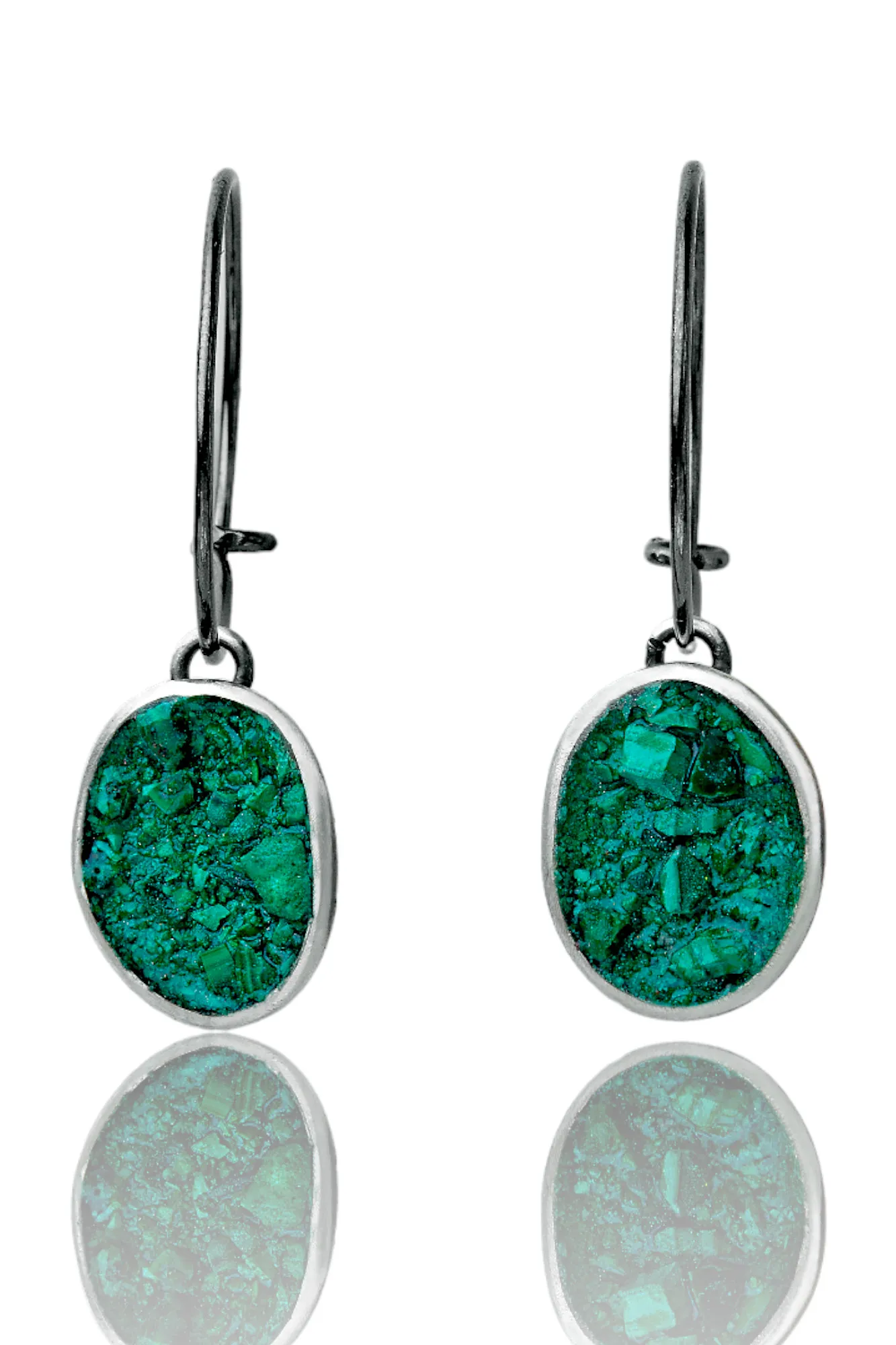 Handmade Jewellery | Black rhodium plated silver hoops with malachite main