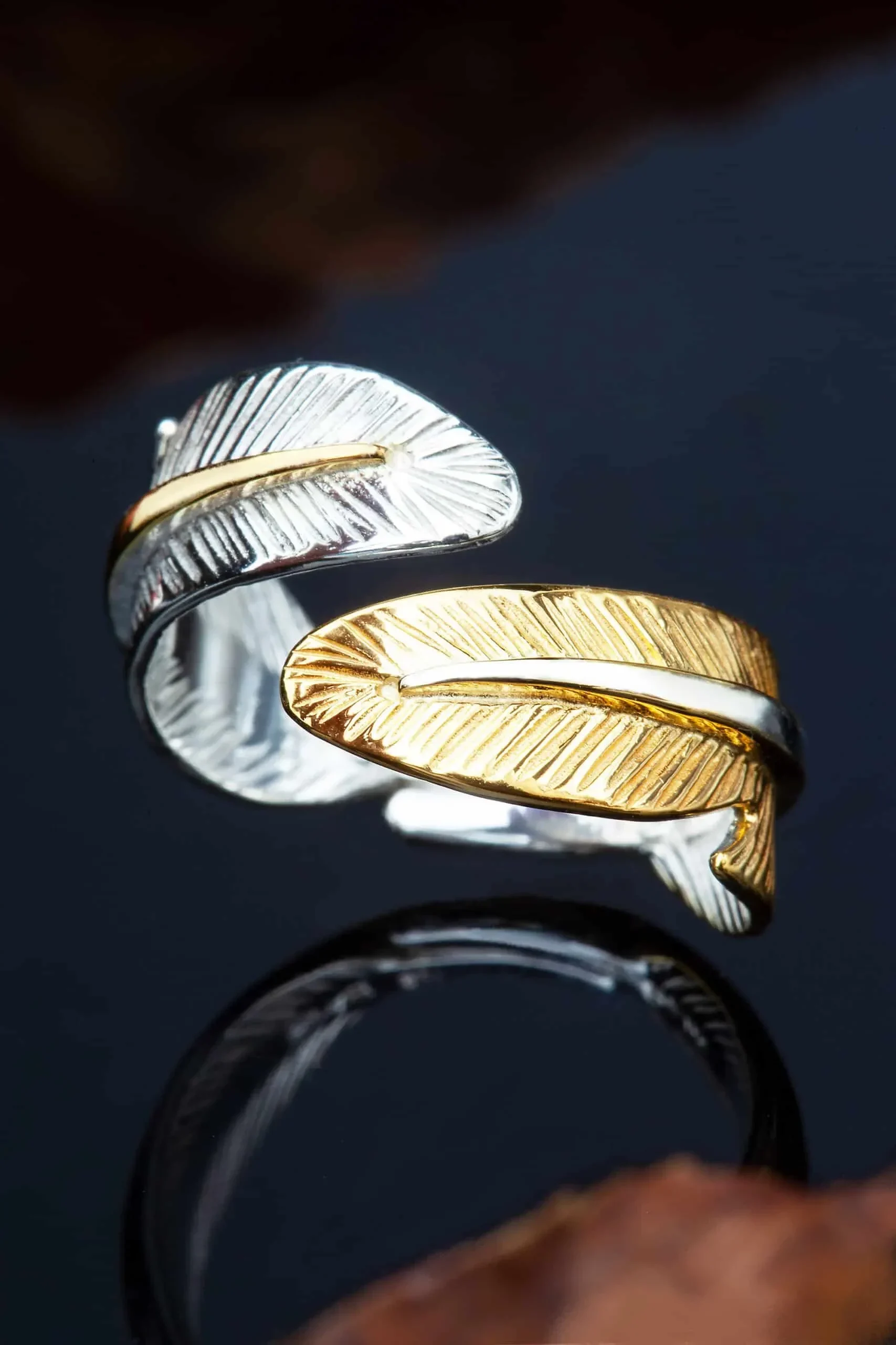 Handmade Jewellery | Feather silver ring gold and rhodium plated gallery 1