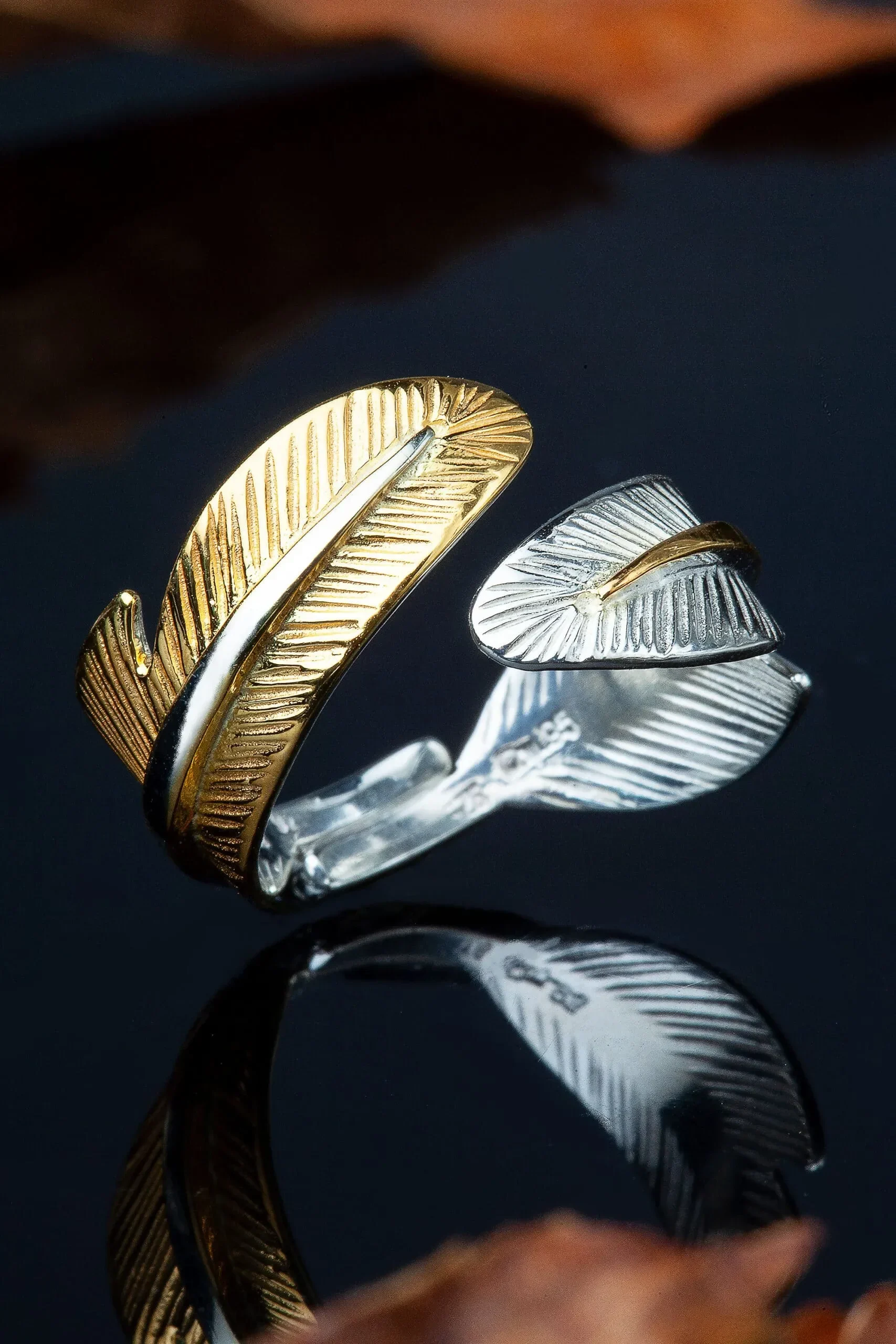 Handmade Jewellery | Feather silver ring gold and rhodium plated gallery 2