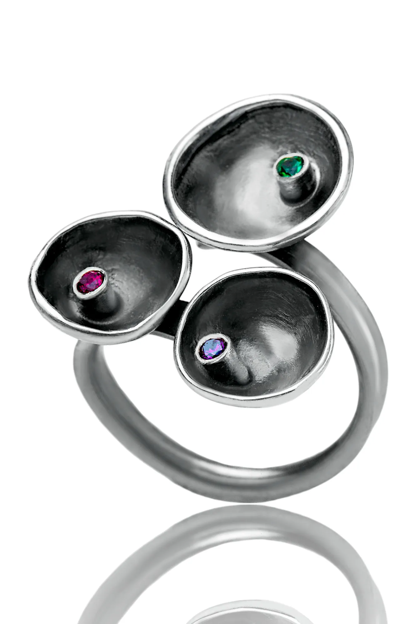 Handmade Jewellery | Handmade oxidized silver ring with green agate, amethyst and garnet gallery 1